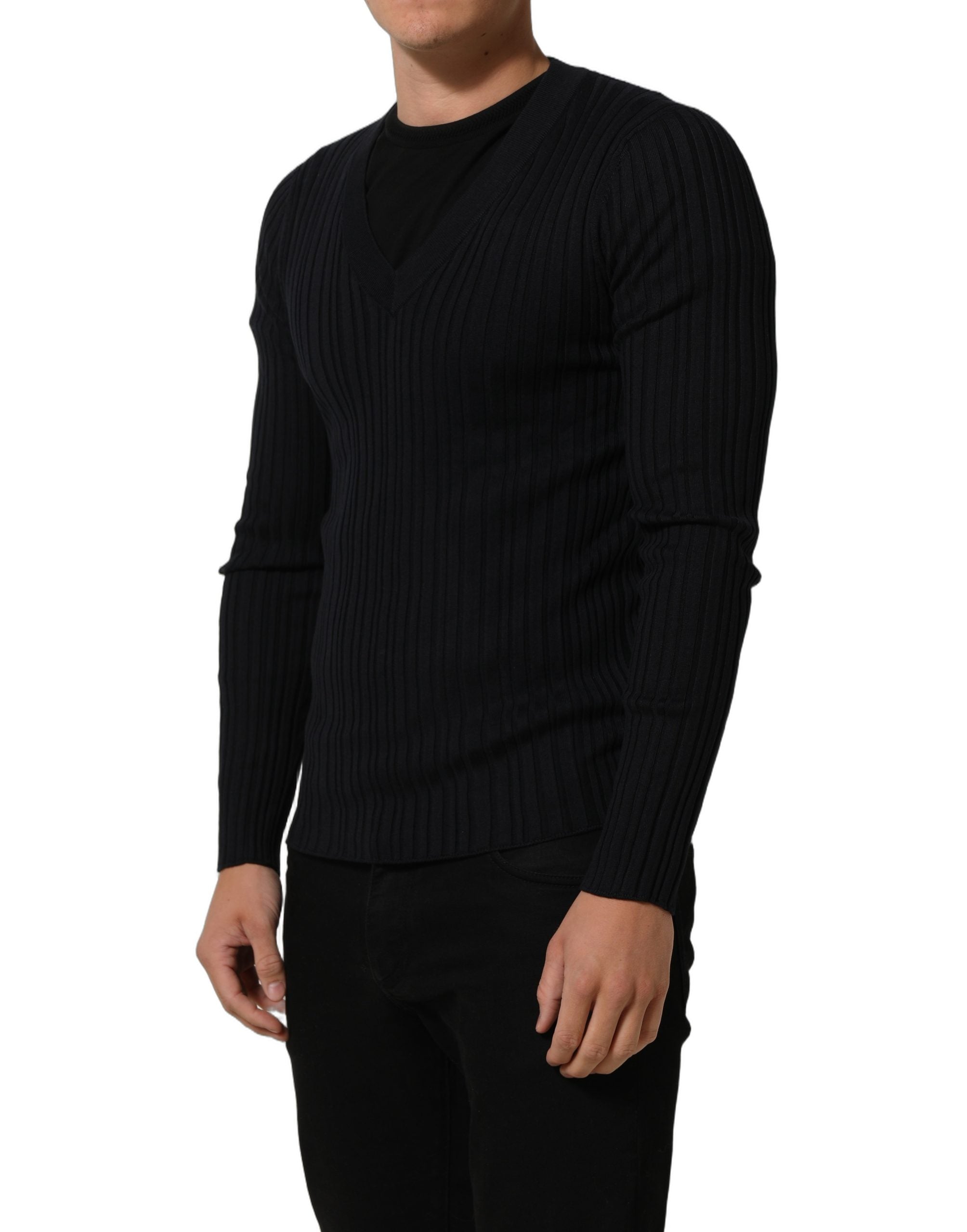 Dolce & Gabbana Schwarzer V-Ausschnitt Pullover aus Seidenmischung für Herren