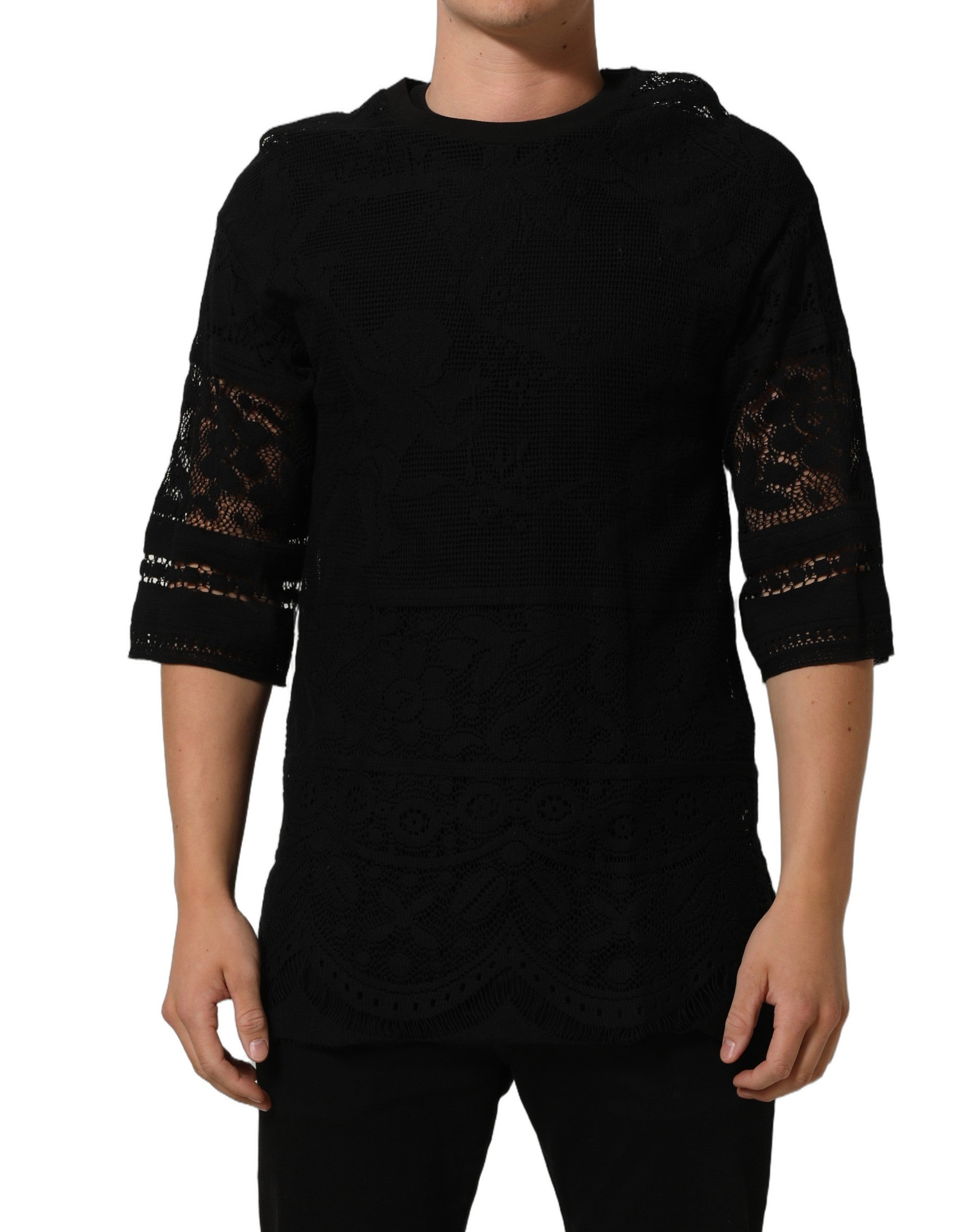 Dolce & Gabbana Schwarzes Baumwoll-T-Shirt mit Blumen-Spitzenbesatz und Rundhalsausschnitt