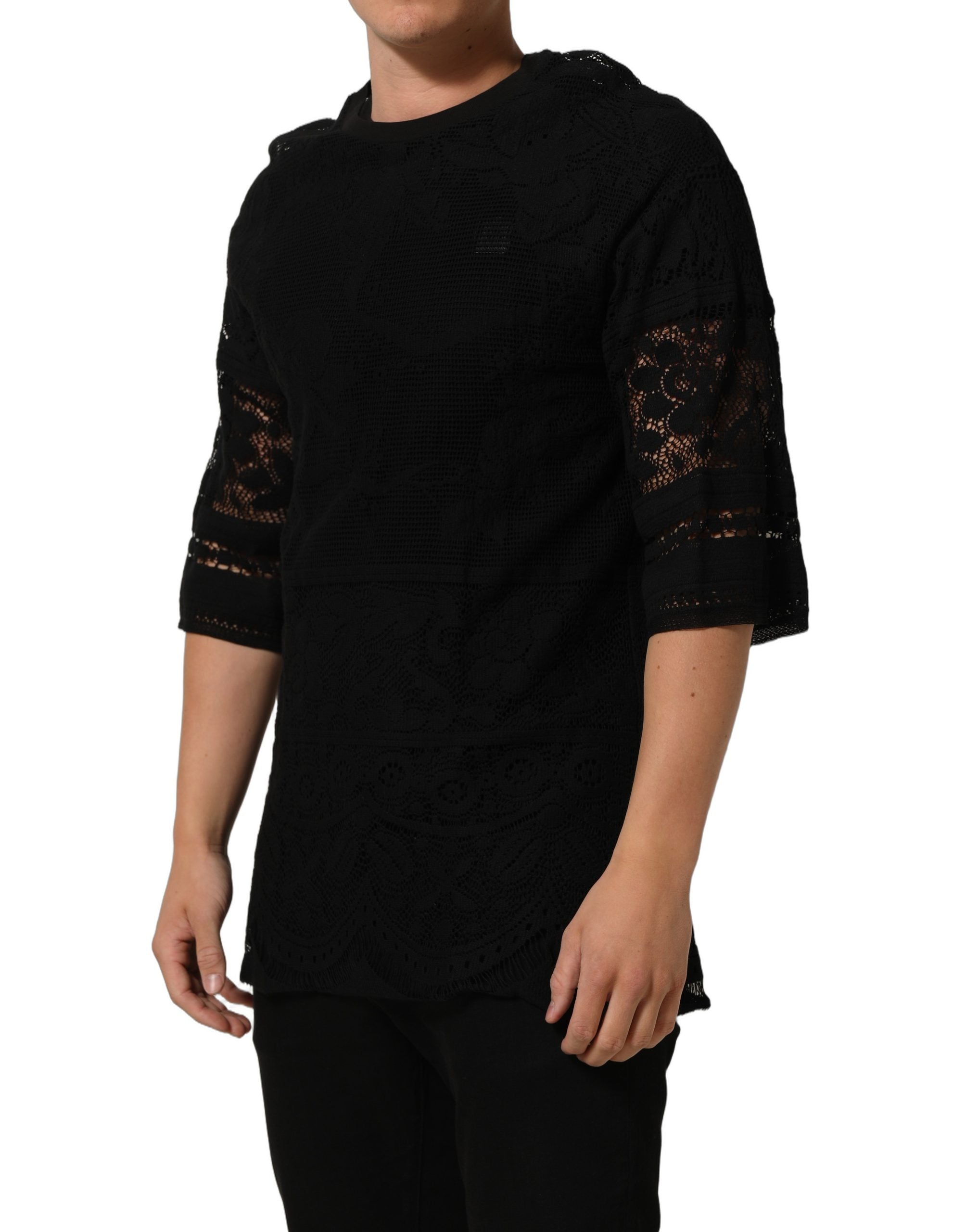 Dolce & Gabbana Schwarzes Baumwoll-T-Shirt mit Blumen-Spitzenbesatz und Rundhalsausschnitt