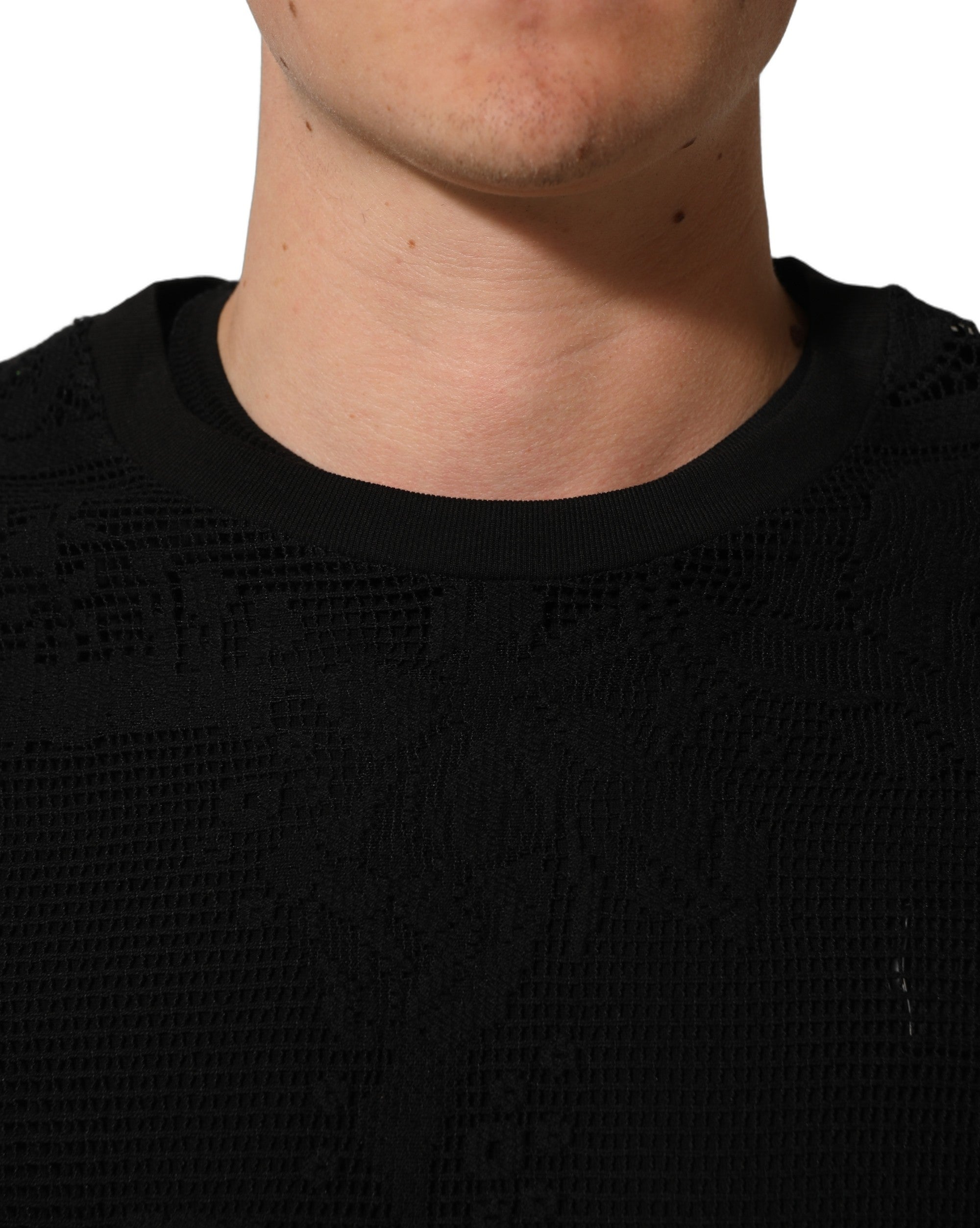 Dolce & Gabbana Schwarzes Baumwoll-T-Shirt mit Blumen-Spitzenbesatz und Rundhalsausschnitt