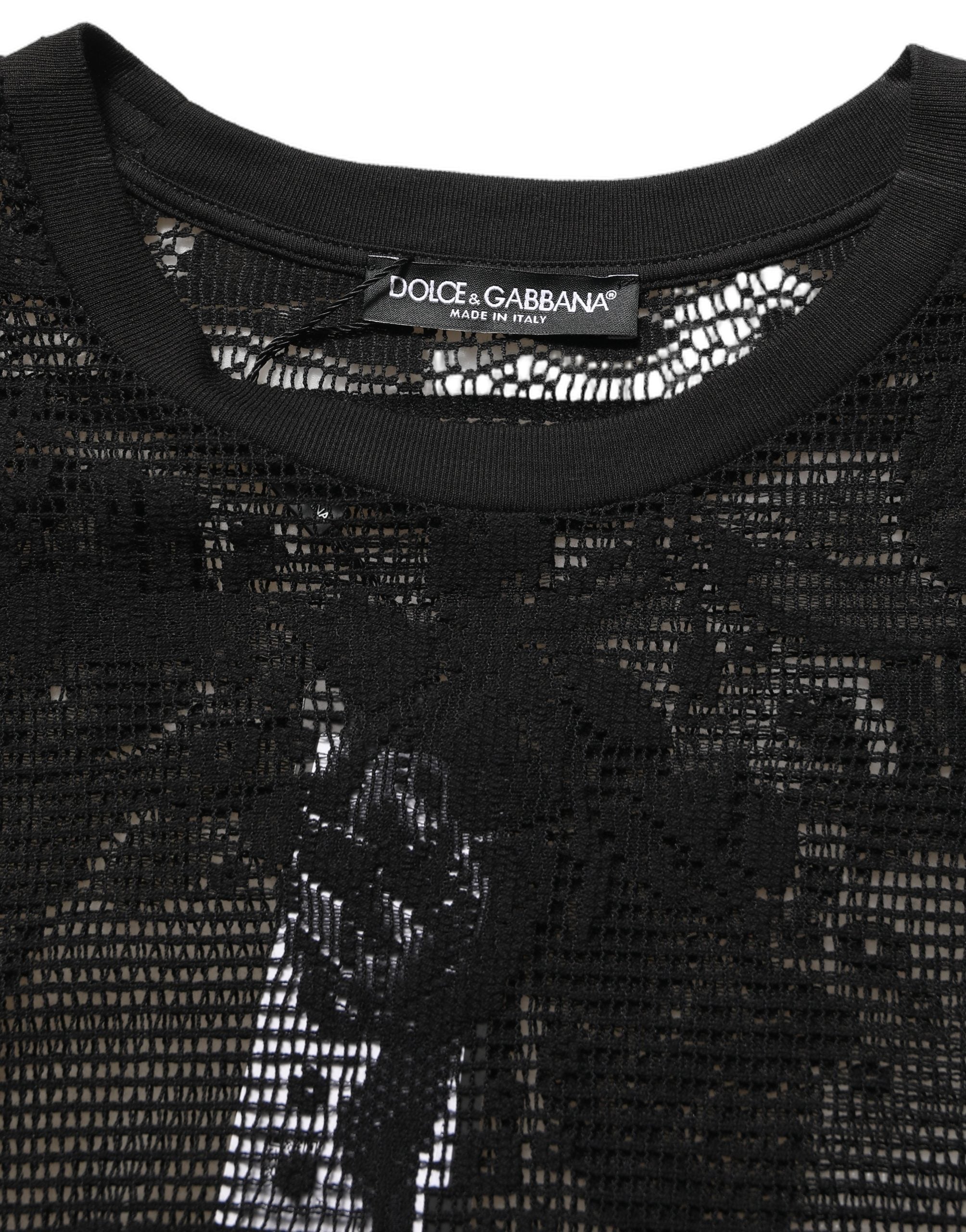 Dolce & Gabbana Schwarzes Baumwoll-T-Shirt mit Blumen-Spitzenbesatz und Rundhalsausschnitt