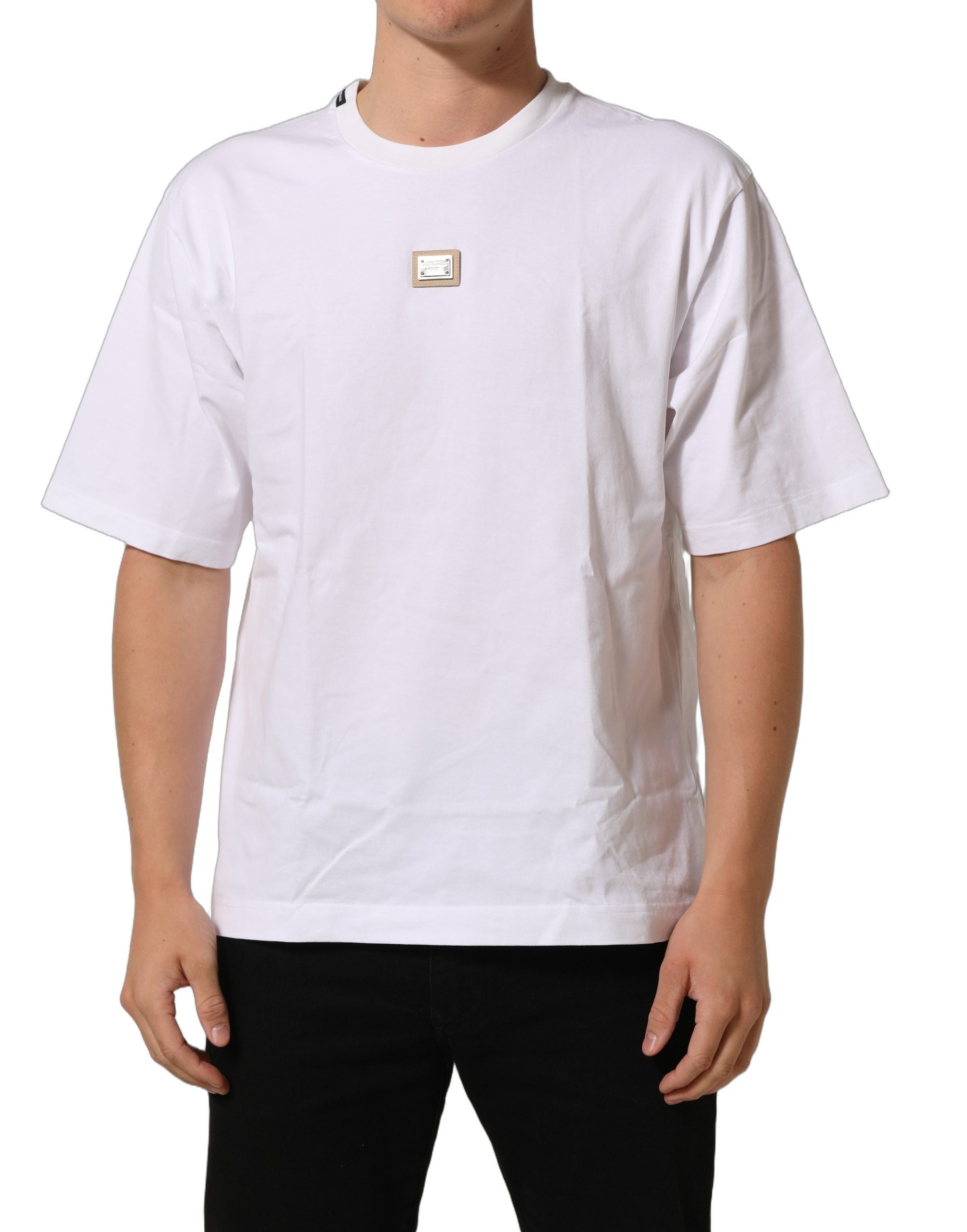 Dolce & Gabbana Weißes Baumwoll-T-Shirt mit Rundhalsausschnitt und Logo-Plakette