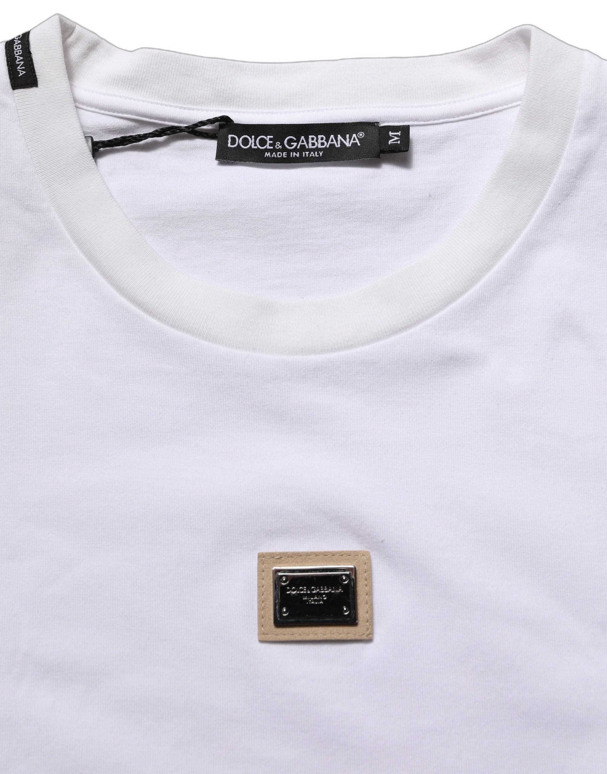 Dolce & Gabbana Weißes Baumwoll-T-Shirt mit Rundhalsausschnitt und Logo-Plakette