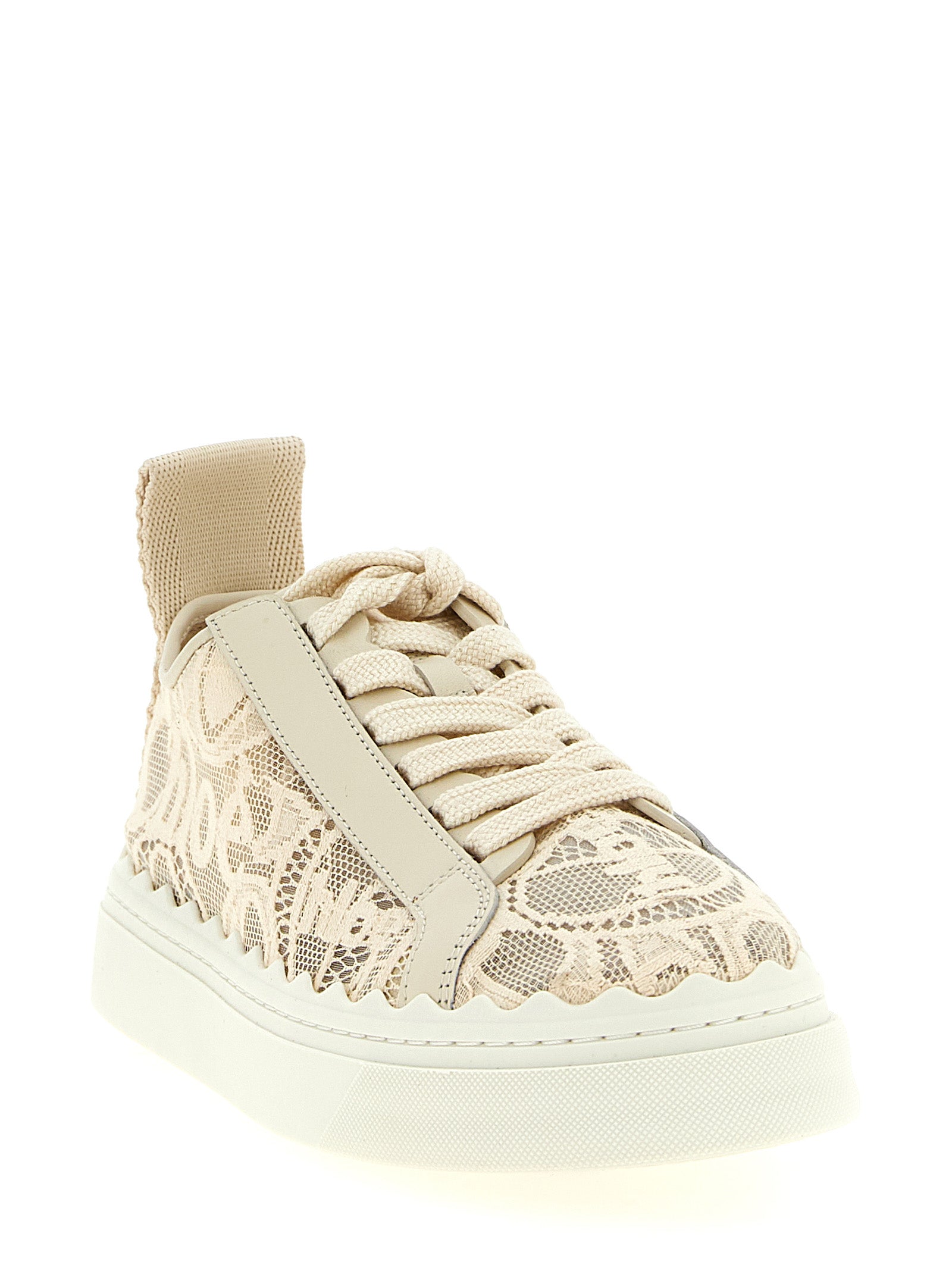 Chloé Cremefarbene Polyamid Sneakers mit niedrigem Schaft