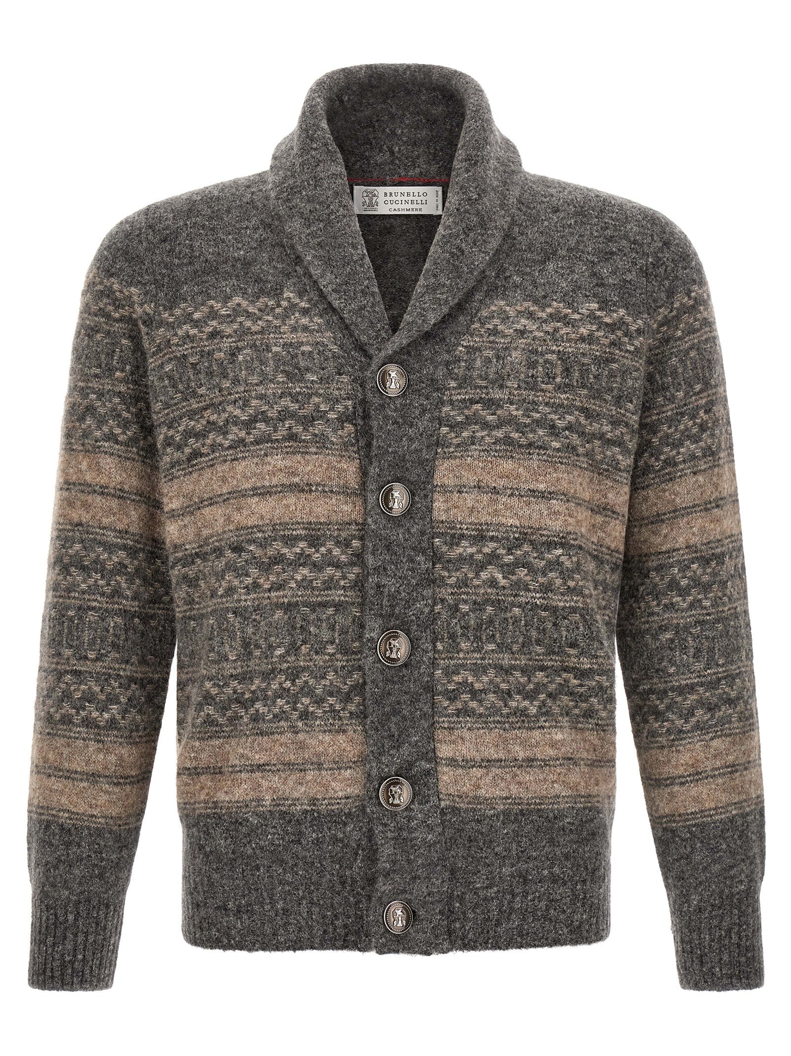 Brunello Cucinelli Grauer Strickcardigan aus Alpaka und Leder