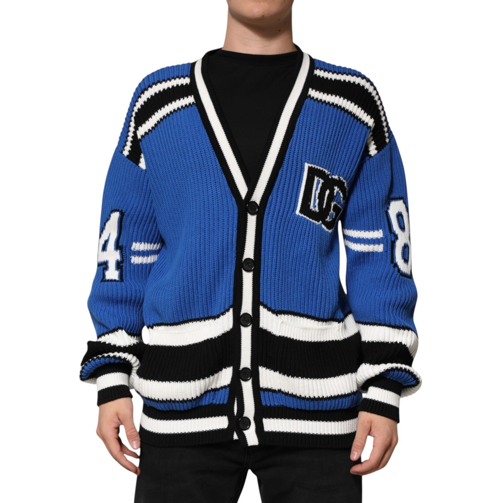 Dolce & Gabbana Blauer Baumwoll-Logoaufnäher Rippenstrickpullover
