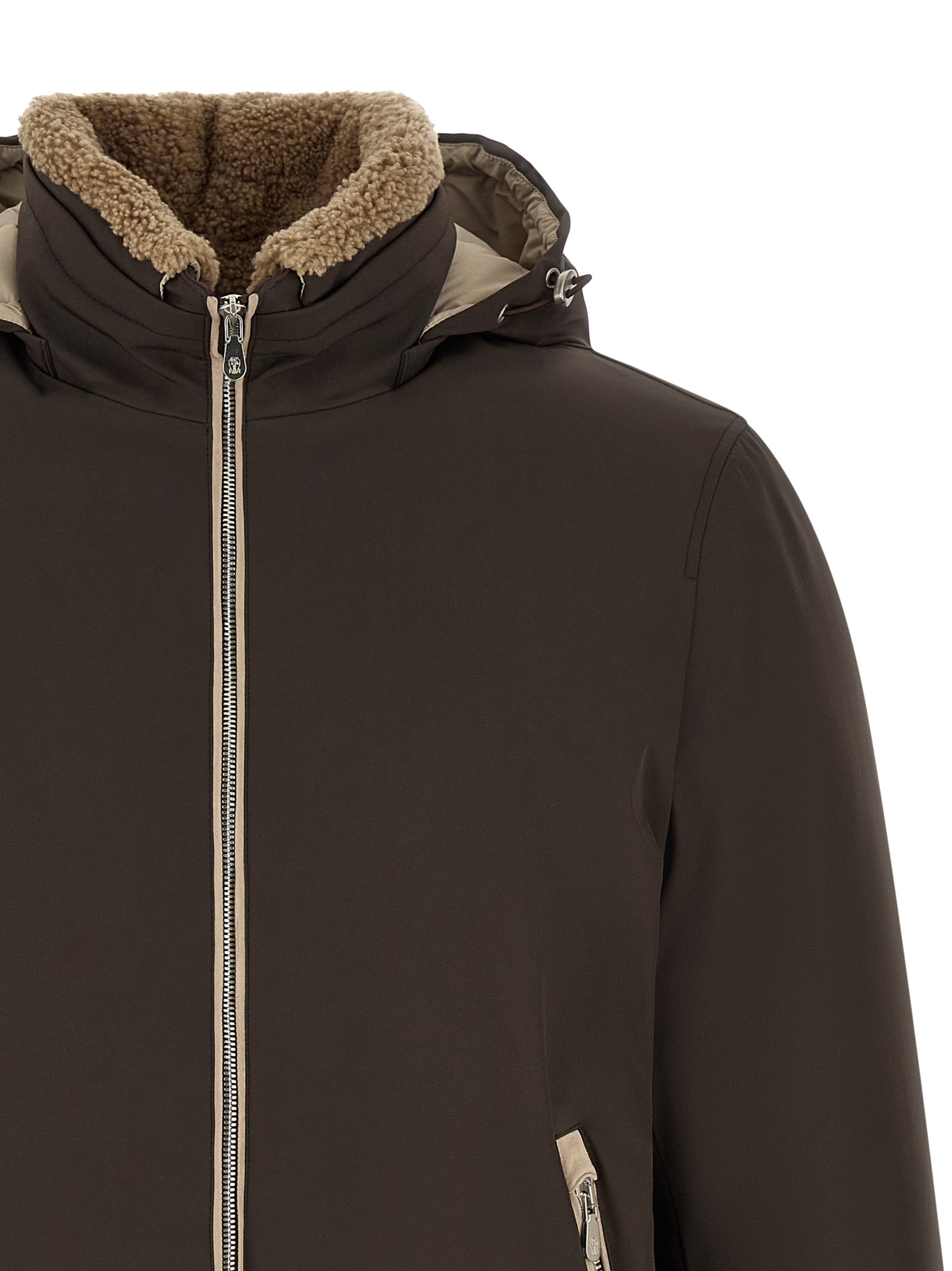 Brunello Cucinelli Braune Polyamid-Jacke in voller Länge