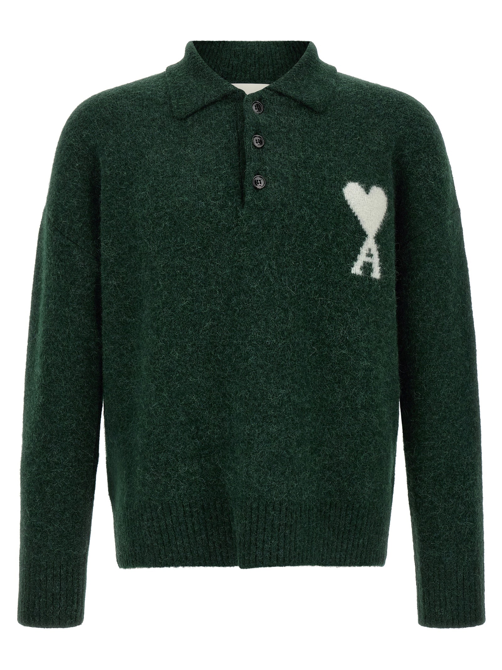 Ami Paris Zweifarbige Polo-Shirt aus Alpakawolle und Leder