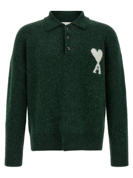 Ami Paris Zweifarbige Polo-Shirt aus Alpakawolle und Leder