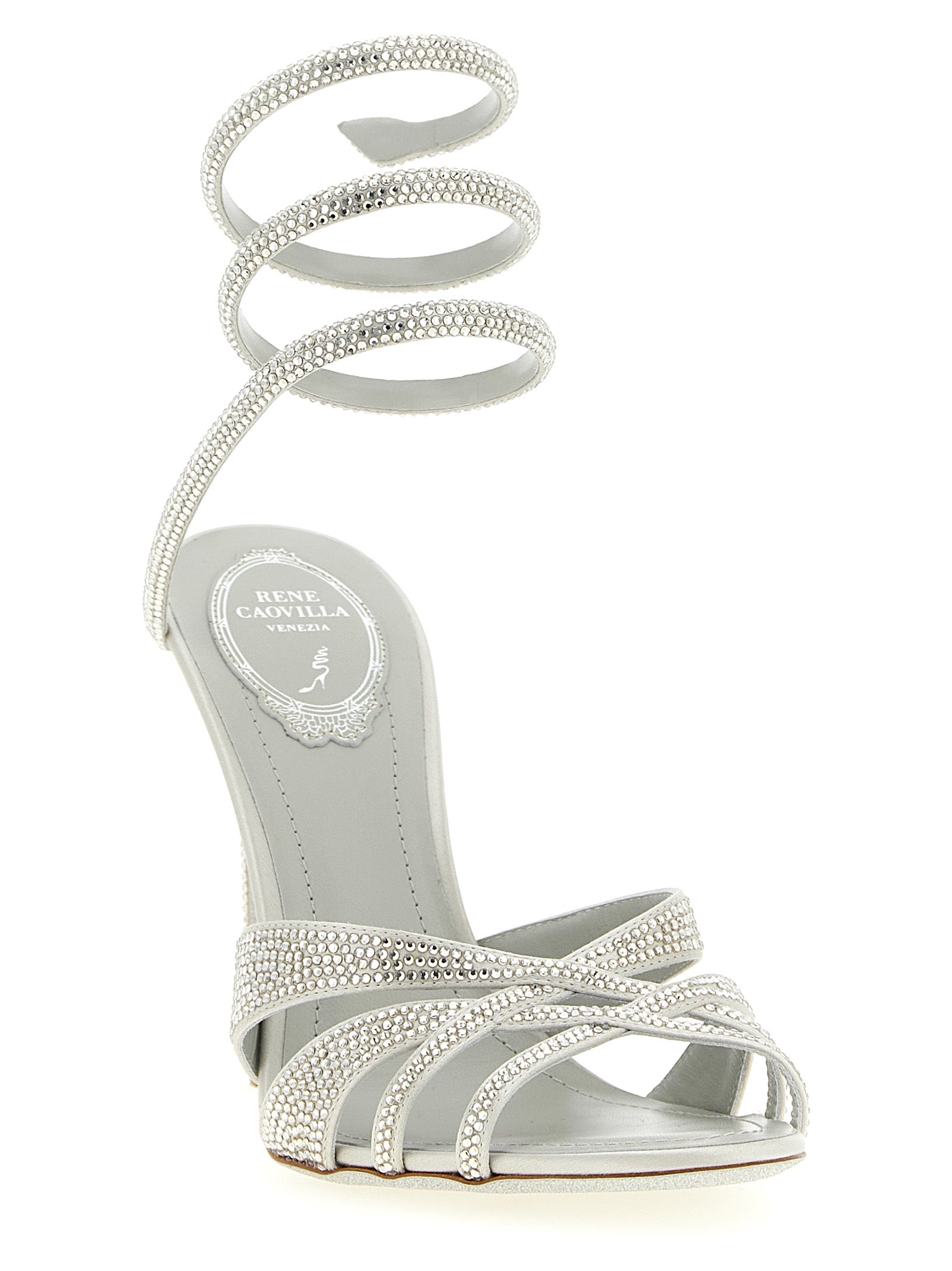 RENE CAOVILLA Silberne Viskose-Sandalen mit Stilettoabsatz