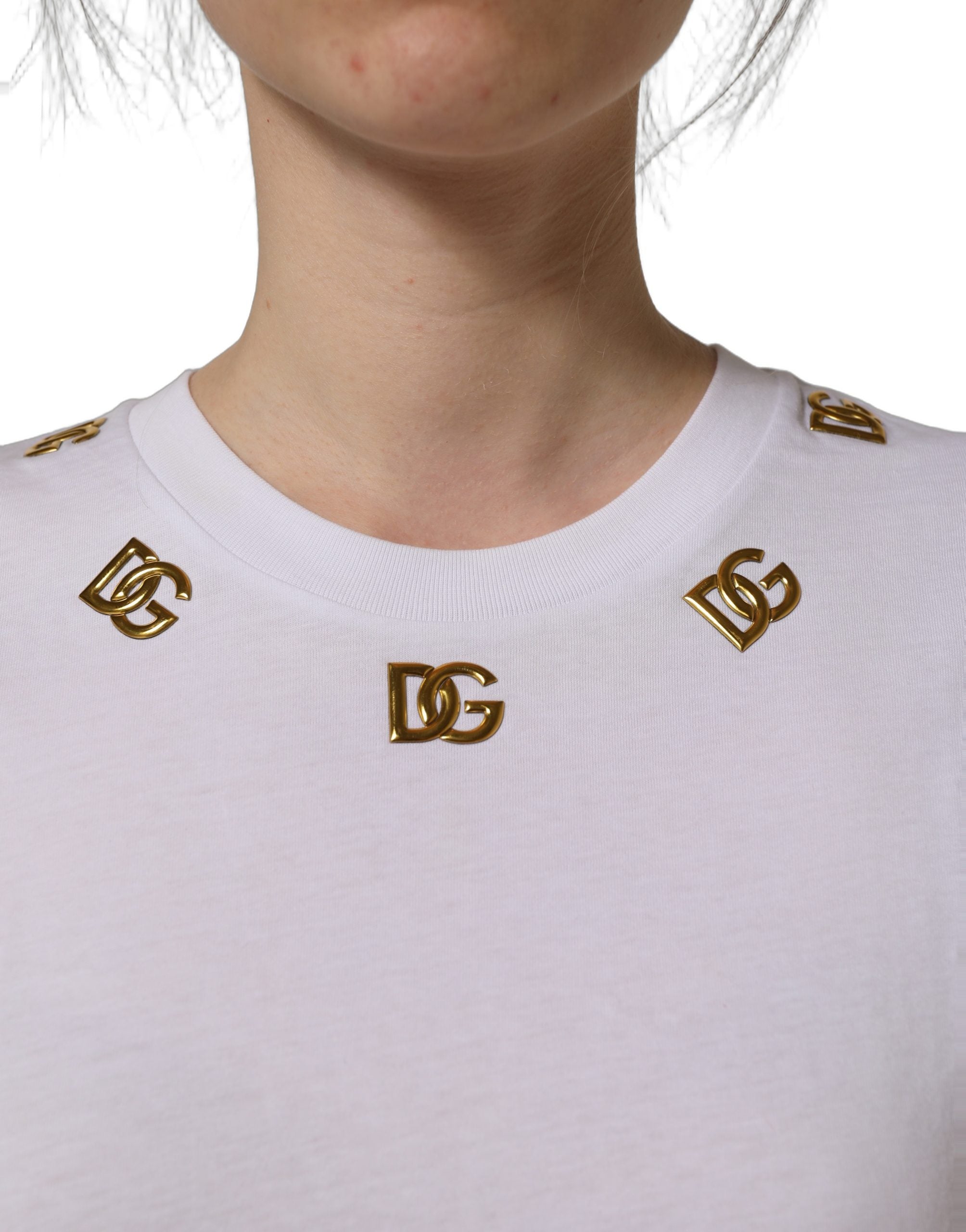 Dolce & Gabbana Weißes Baumwoll-T-Shirt mit rundem Halsausschnitt und goldenem DG-Logo