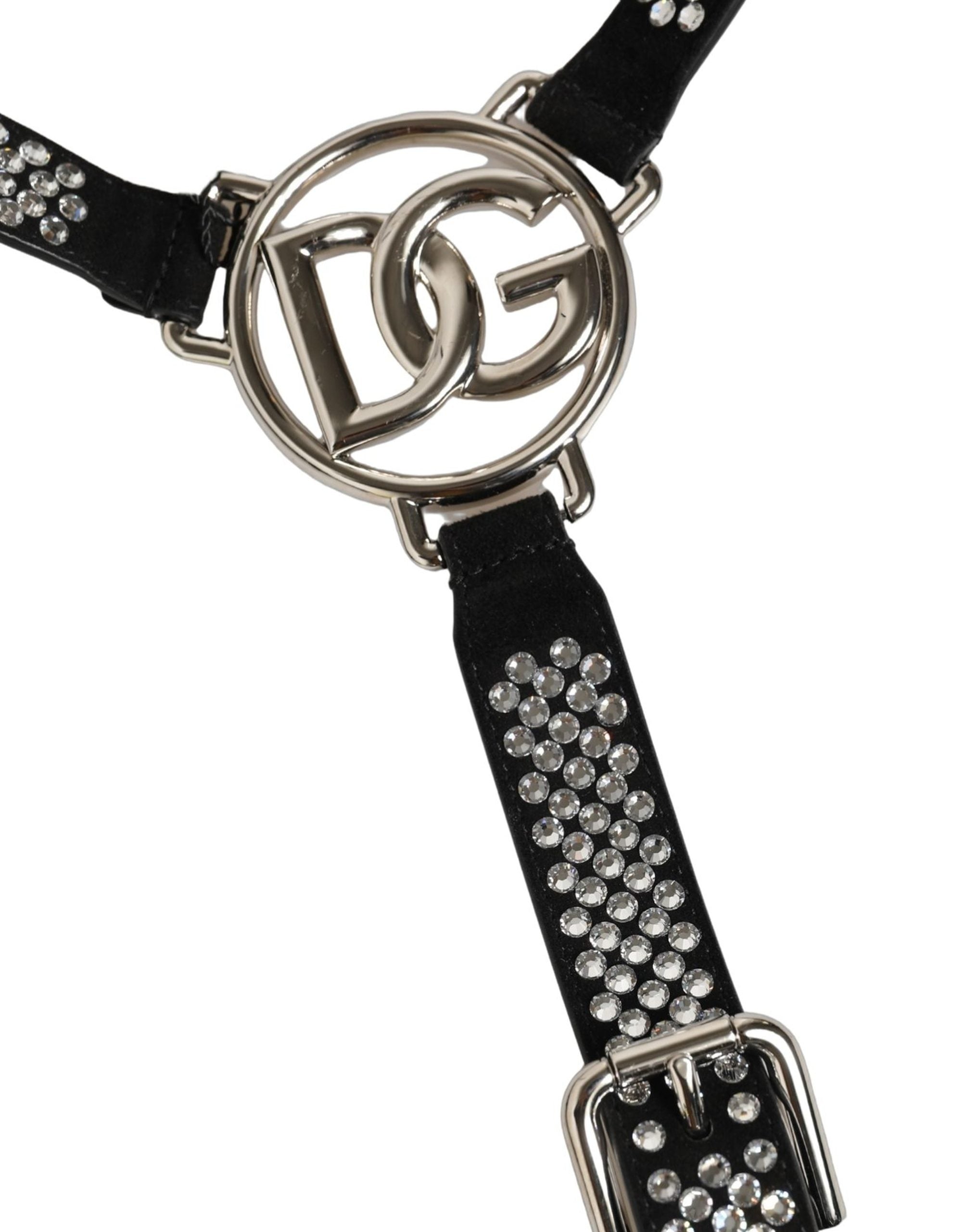 Dolce & Gabbana Herren Hosenträger aus schwarzem Leder mit Strasssteinen