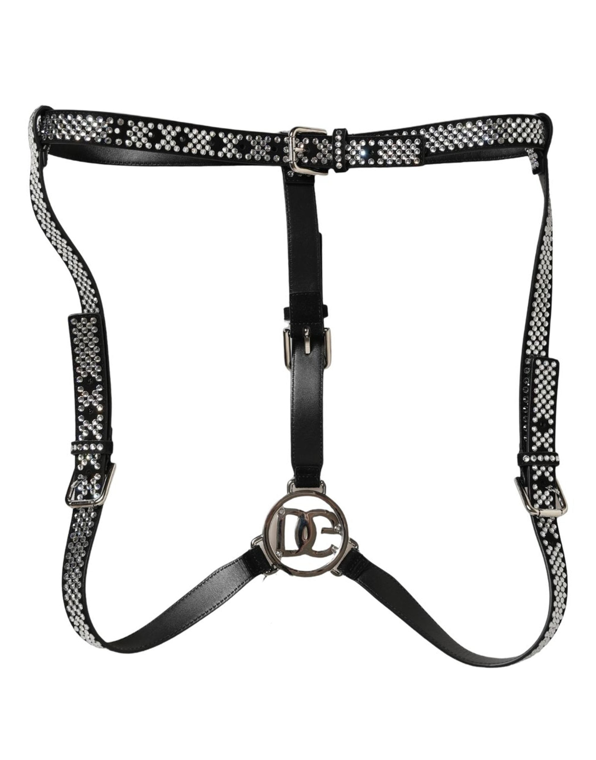 Dolce & Gabbana Herren Hosenträger aus schwarzem Leder mit Strasssteinen
