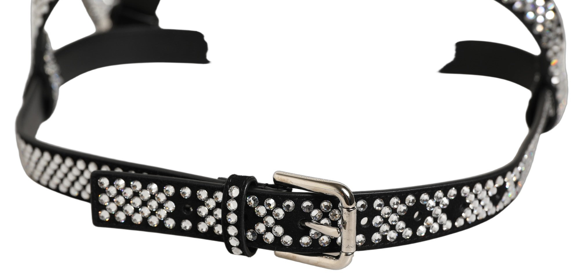 Dolce & Gabbana Herren Hosenträger aus schwarzem Leder mit Strasssteinen