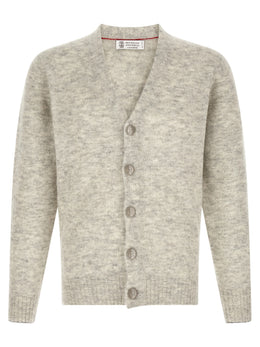 Brunello Cucinelli Grauer Strickcardigan aus Alpaka und Leder
