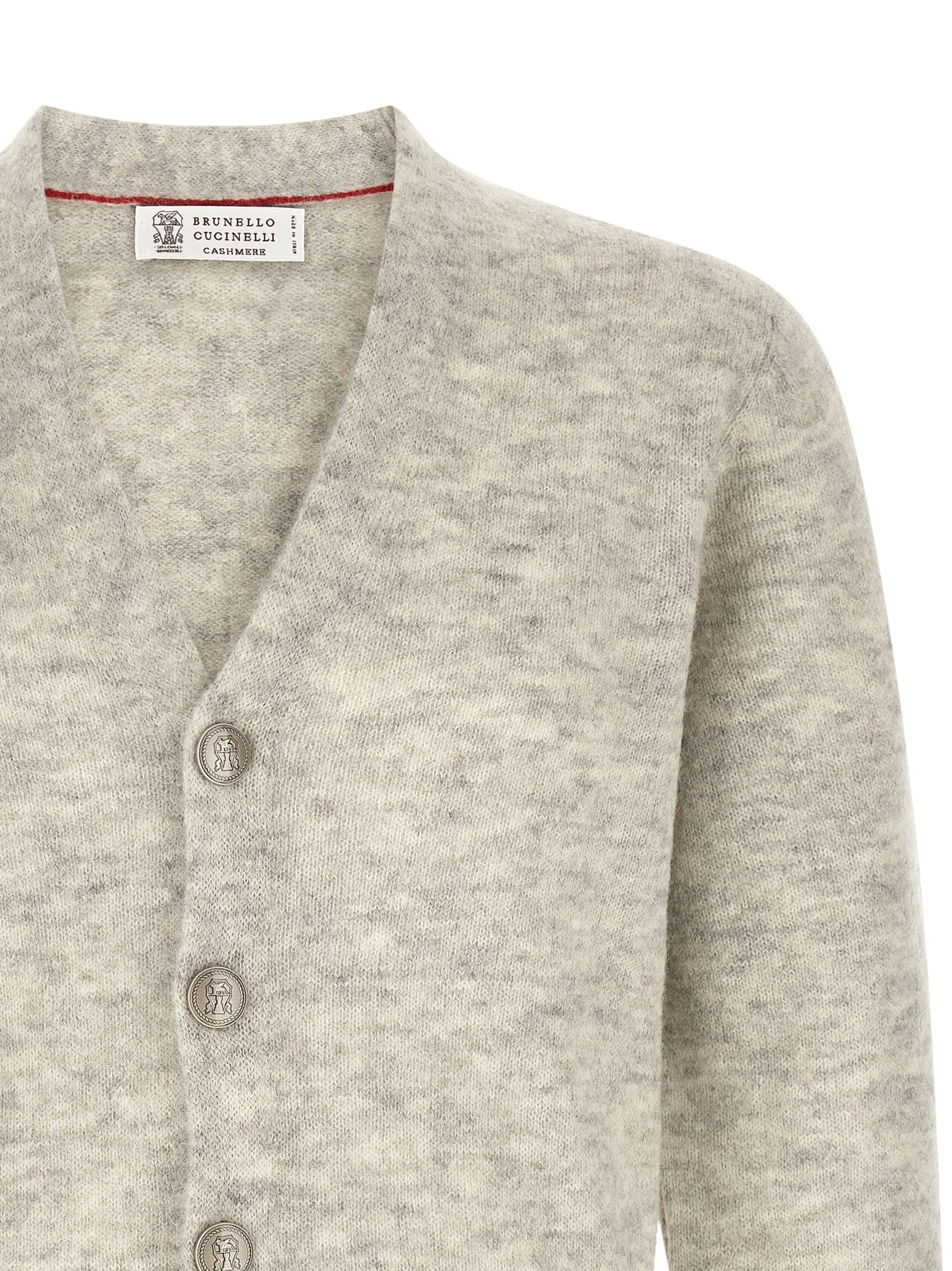 Brunello Cucinelli Grauer Strickcardigan aus Alpaka und Leder