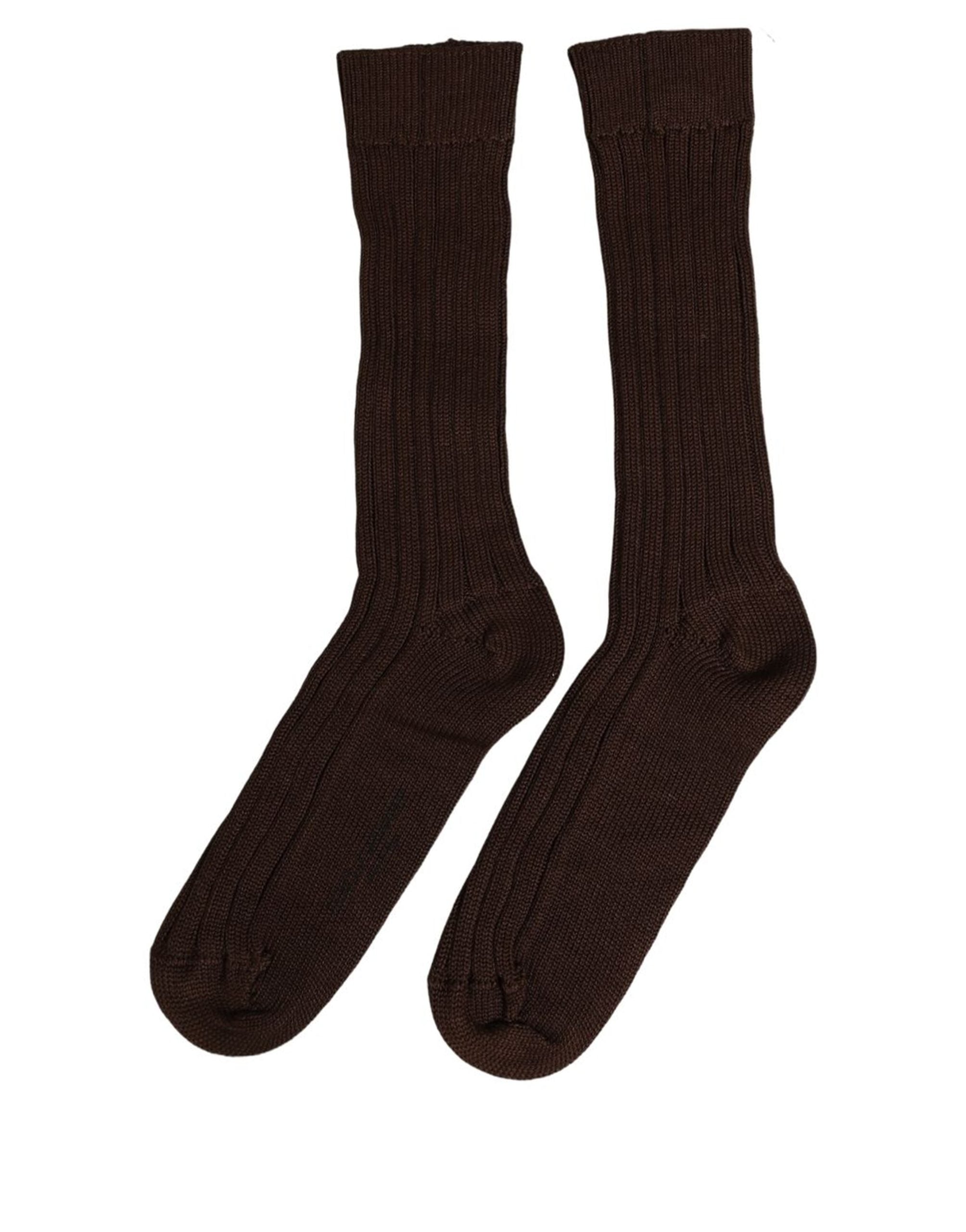 Dolce & Gabbana Dunkelbraune Rippstrick-Socken aus Nylon für Über-die-Wade