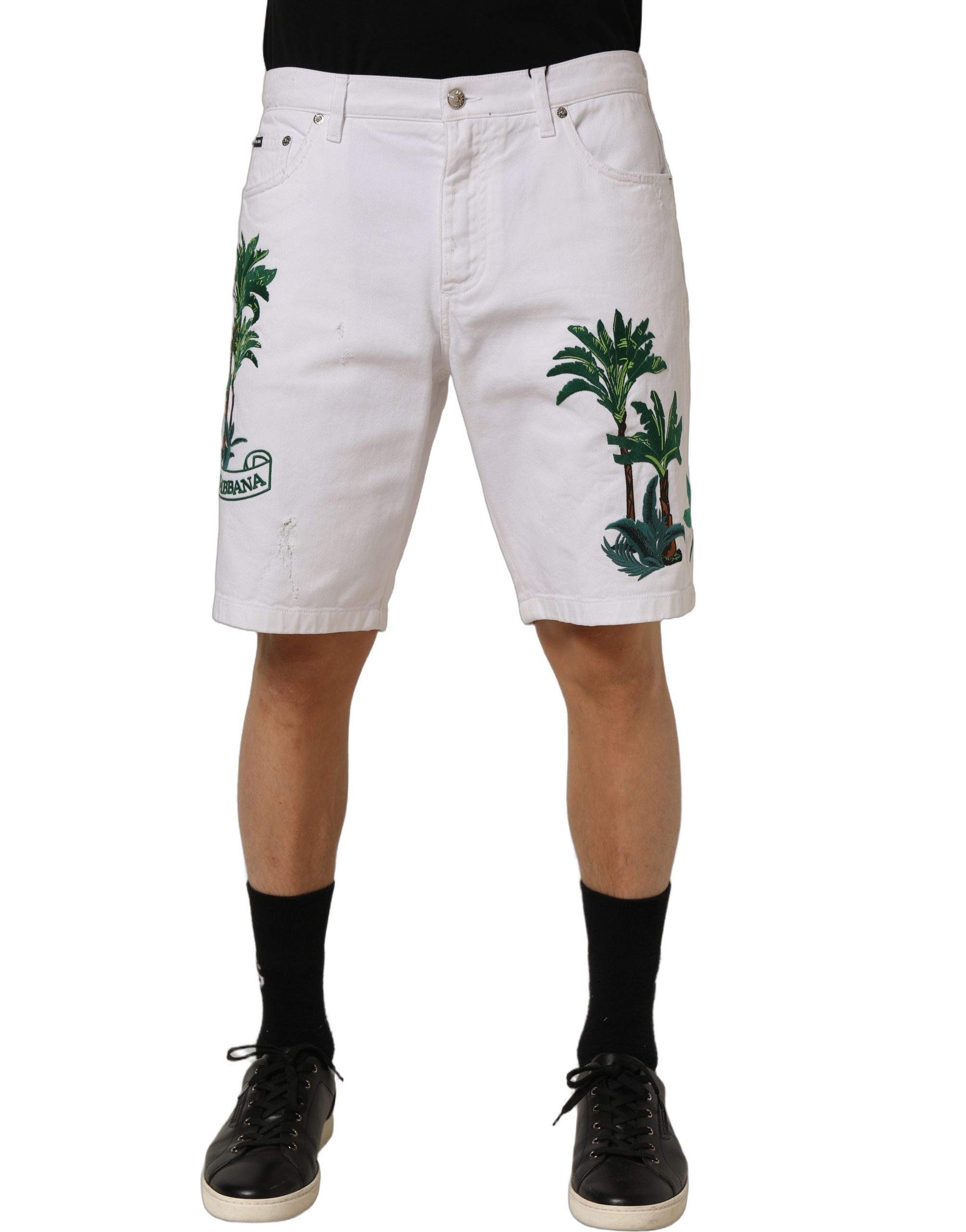 Dolce & Gabbana Weiße Bermuda-Shorts aus Denim mit Palmenstickerei