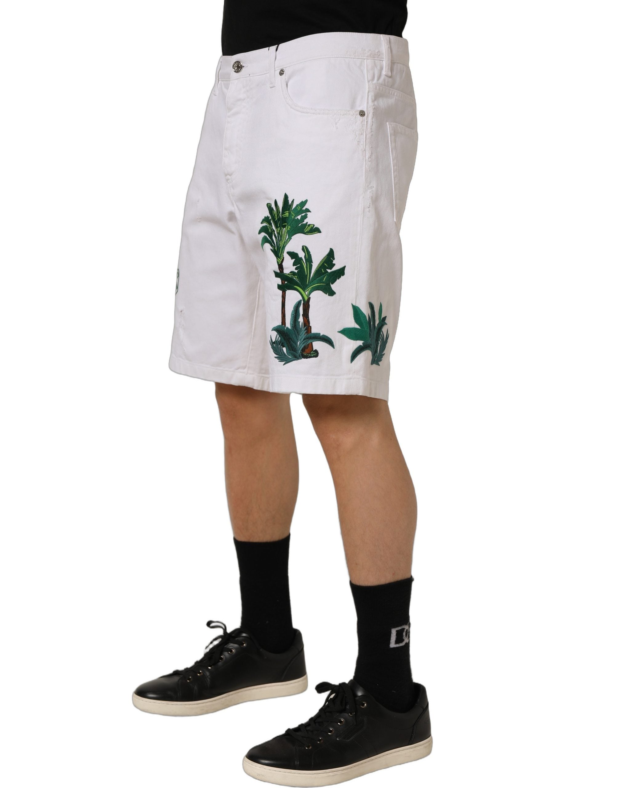 Dolce & Gabbana Weiße Bermuda-Shorts aus Denim mit Palmenstickerei