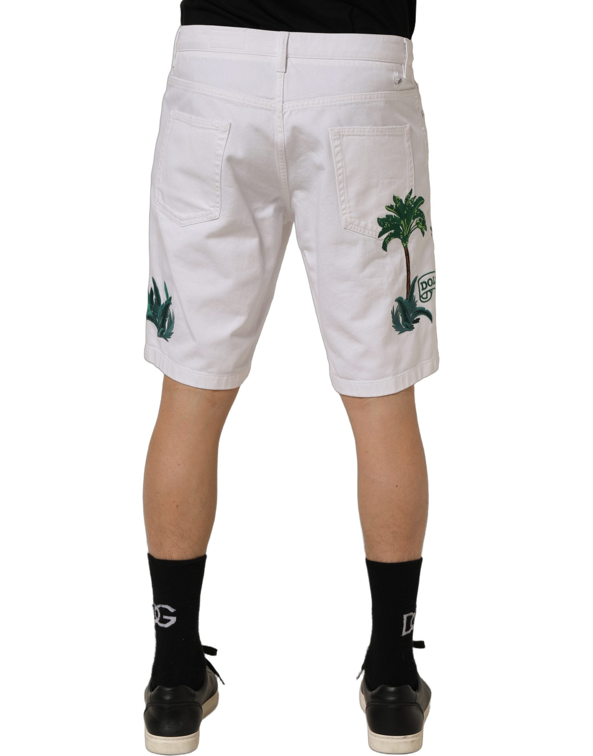 Dolce & Gabbana Weiße Bermuda-Shorts aus Denim mit Palmenstickerei