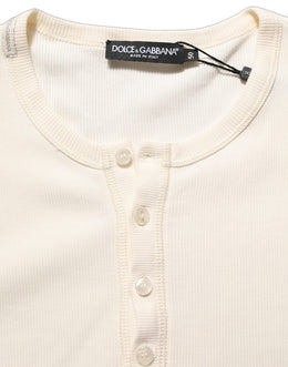 Dolce & Gabbana Off White Baumwoll-Henley-Shirt mit langen Ärmeln