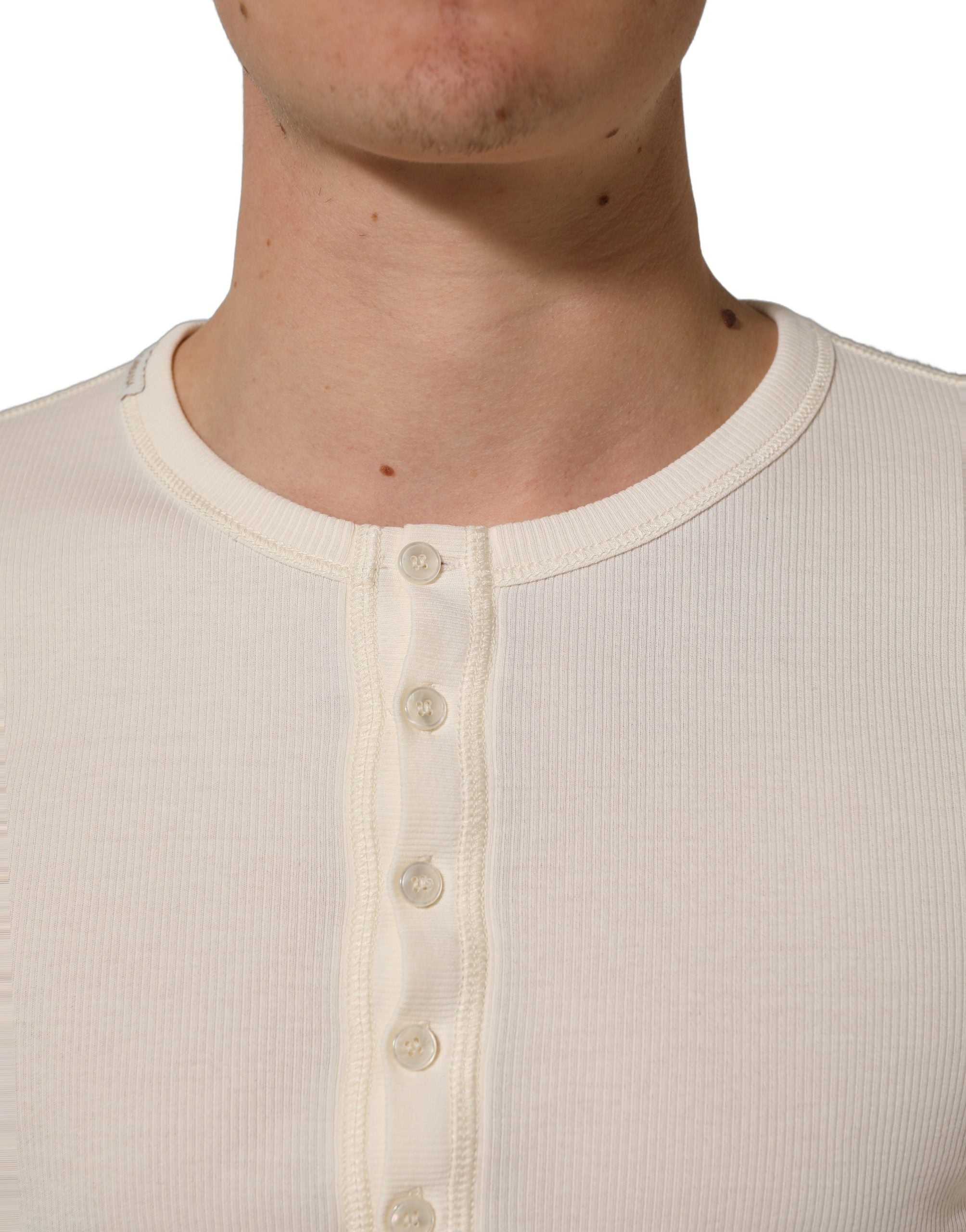 Dolce & Gabbana Off White Baumwoll-Henley-Shirt mit langen Ärmeln