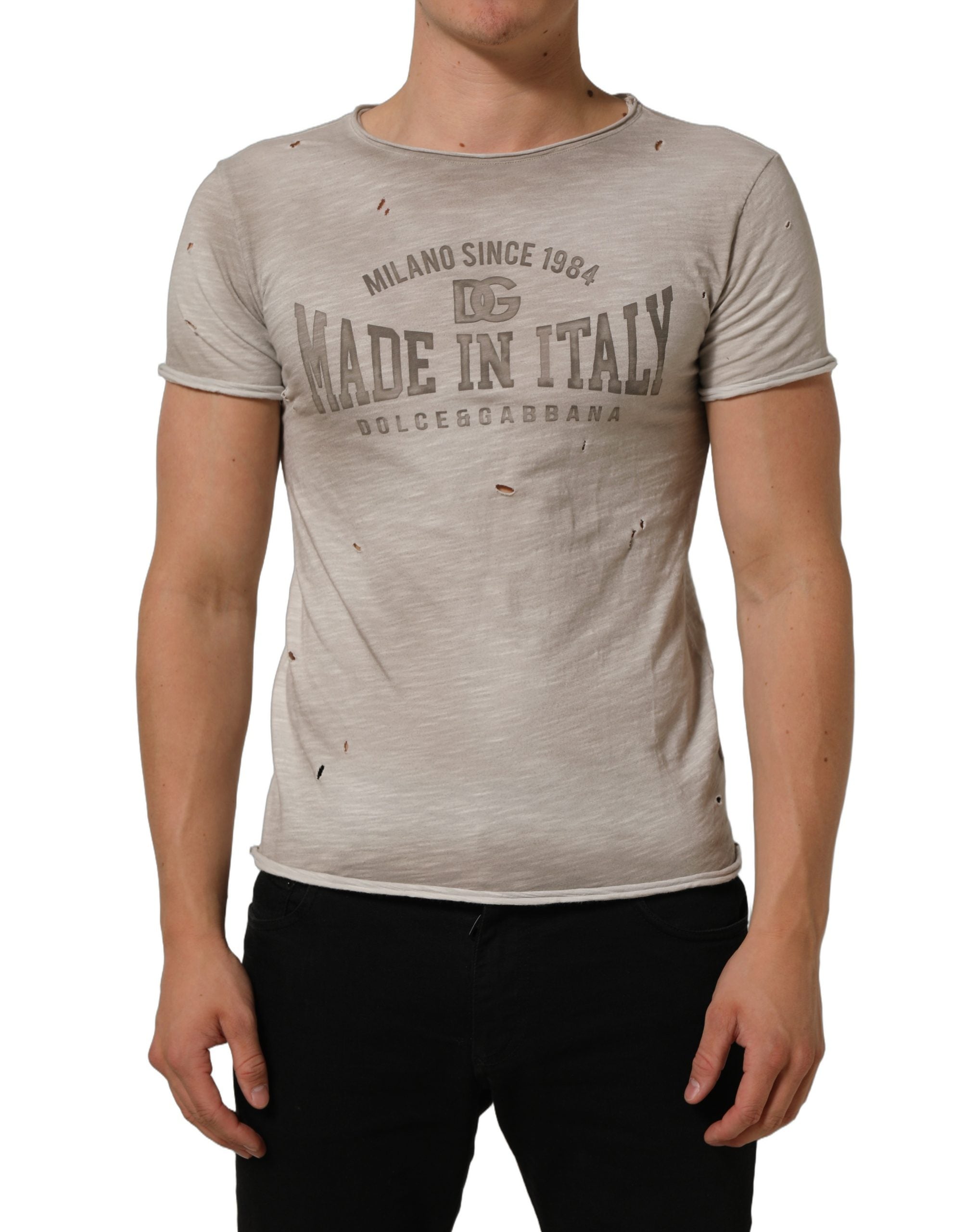 Dolce & Gabbana Hellgraues T-Shirt mit Grafikdruck und Used-Look