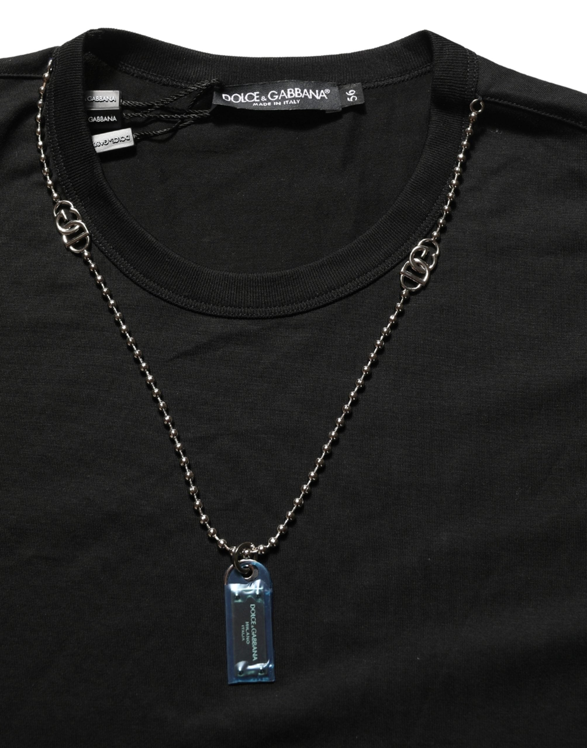 Dolce & Gabbana Schwarzes Dog Tag T-Shirt mit kurzem Arm und Rundhalsausschnitt