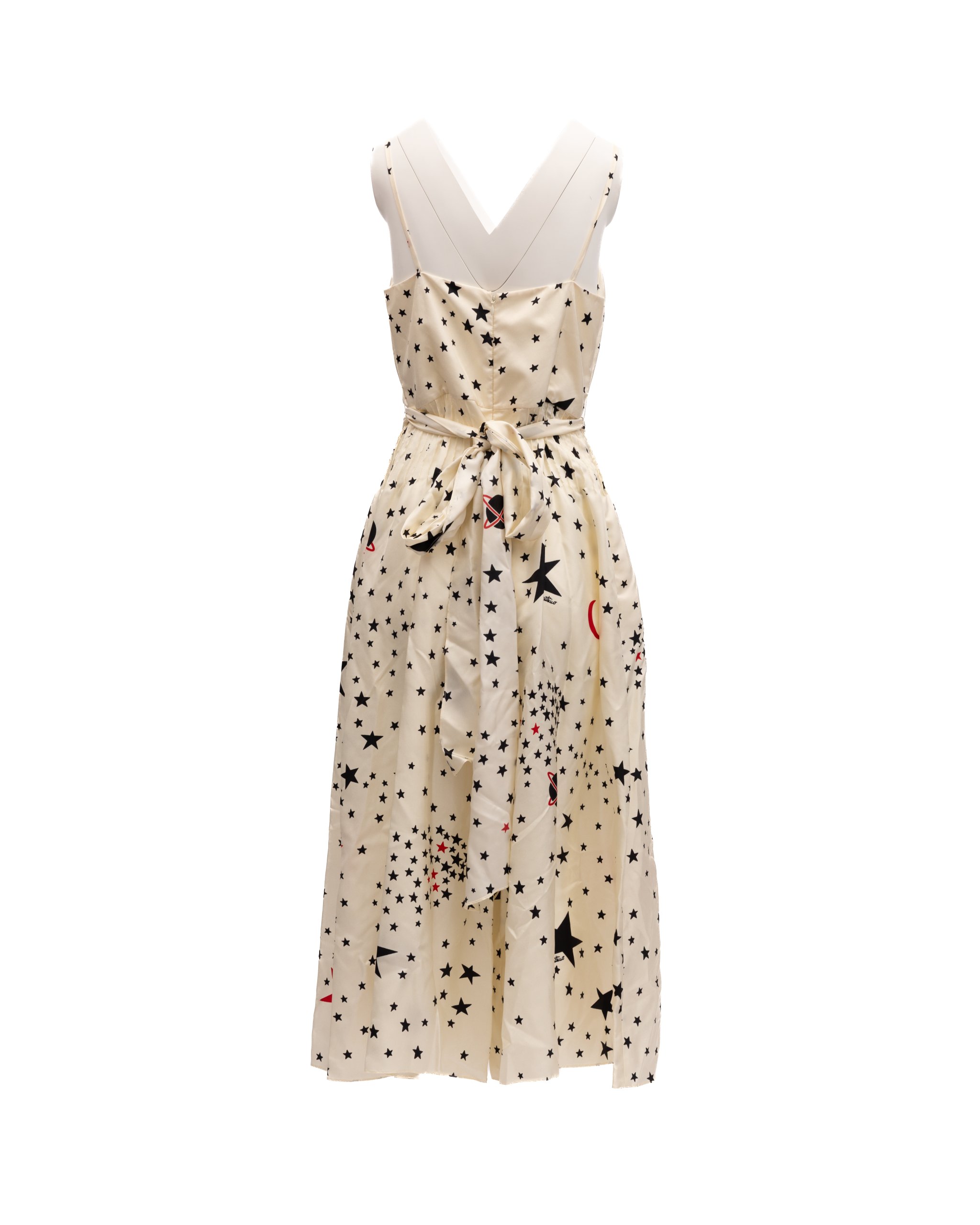 Valentino Garavani Midi-Kleid in Creme mit schwarzen und roten Sternen