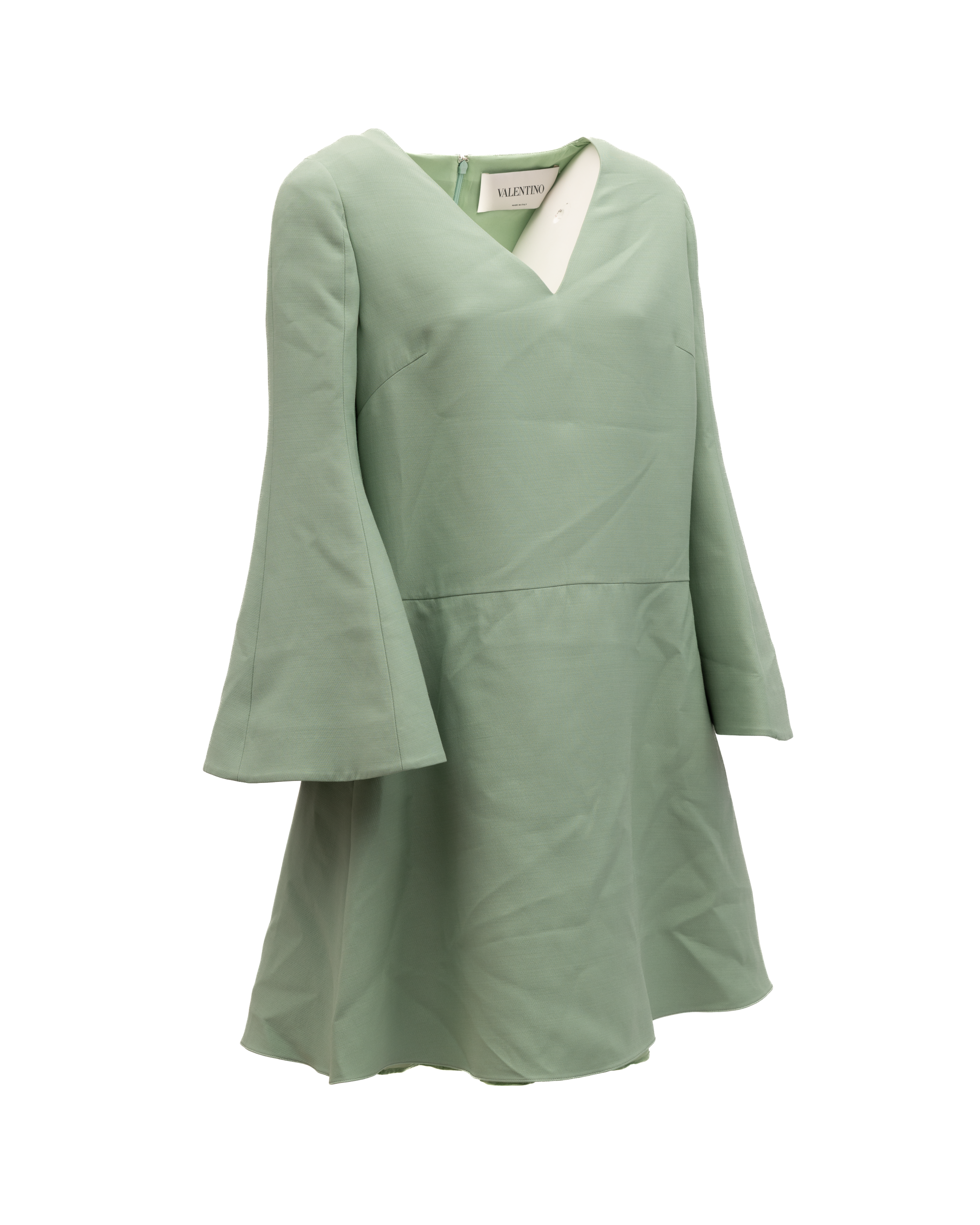 Valentino Garavani Salbeigrünes V-Ausschnitt-Kleid mit Glockenärmeln