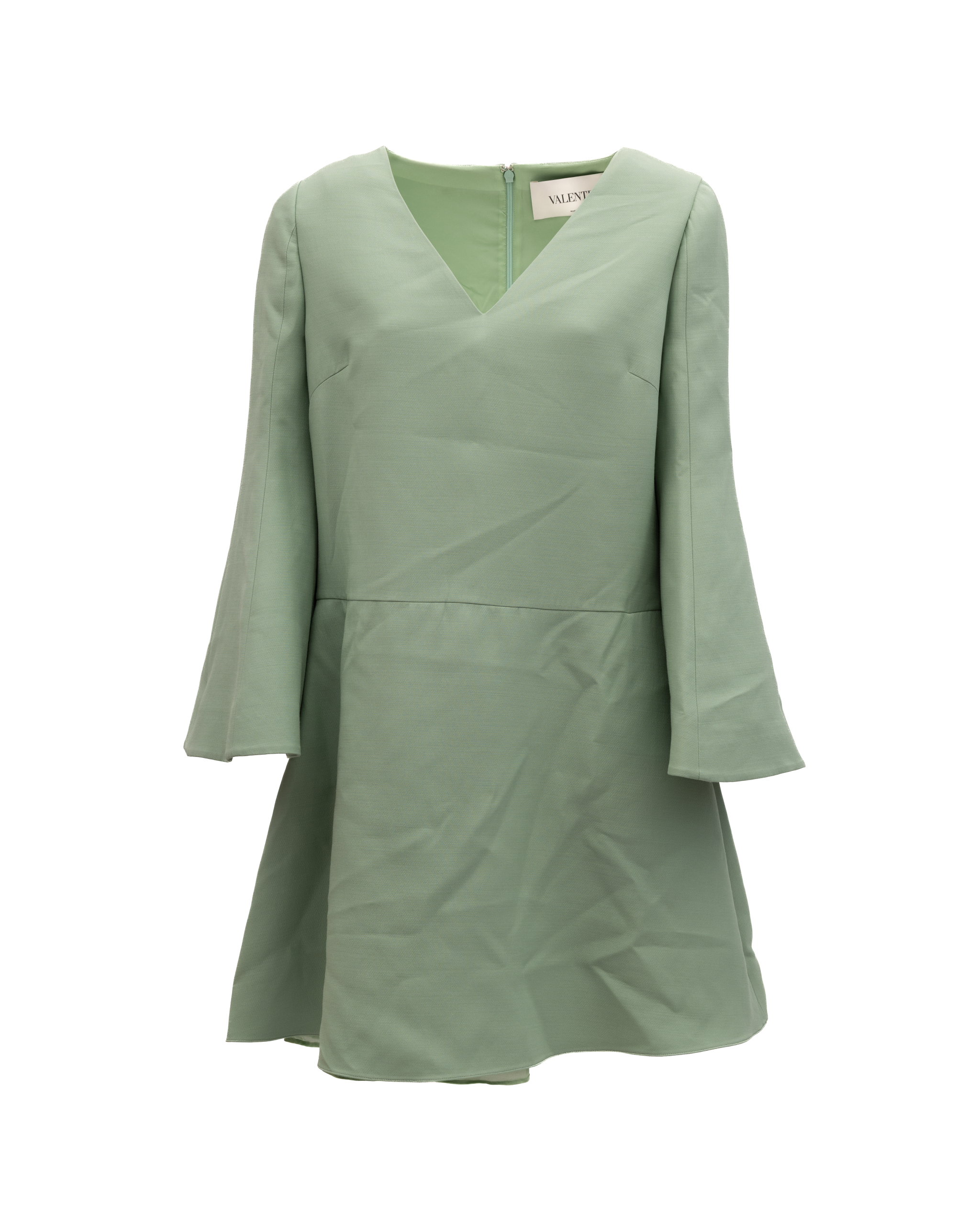 Valentino Garavani Salbeigrünes V-Ausschnitt-Kleid mit Glockenärmeln