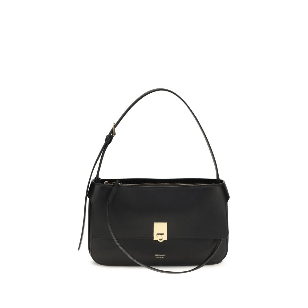 Ferragamo Schwarze Bos Taurus Kalbsleder Schultertasche