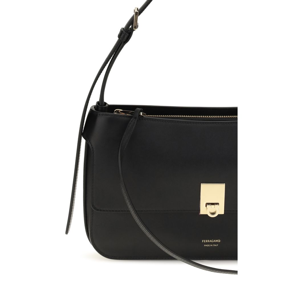 Ferragamo Schwarze Bos Taurus Kalbsleder Schultertasche