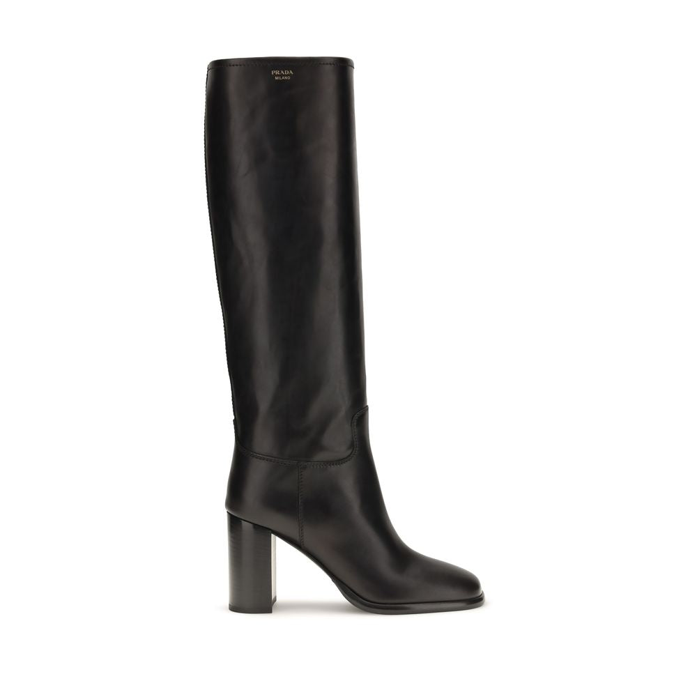 Prada Schwarze Kalbsleder Bos Taurus High Heel Stiefel