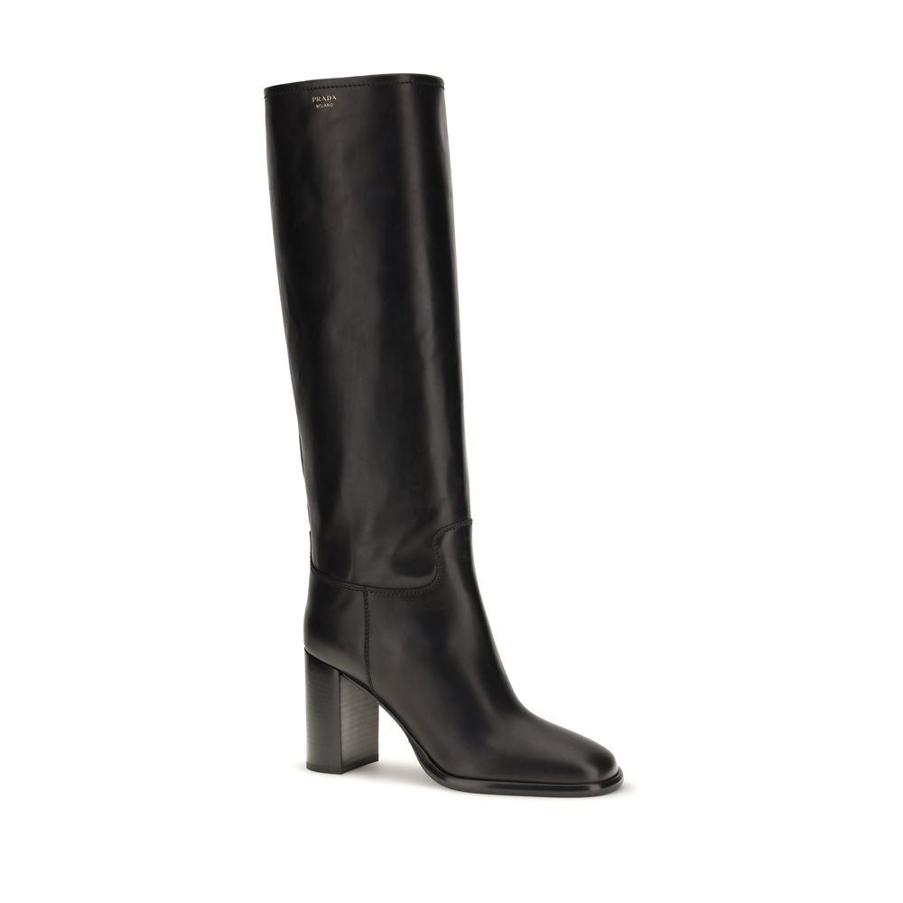 Prada Schwarze Kalbsleder Bos Taurus High Heel Stiefel