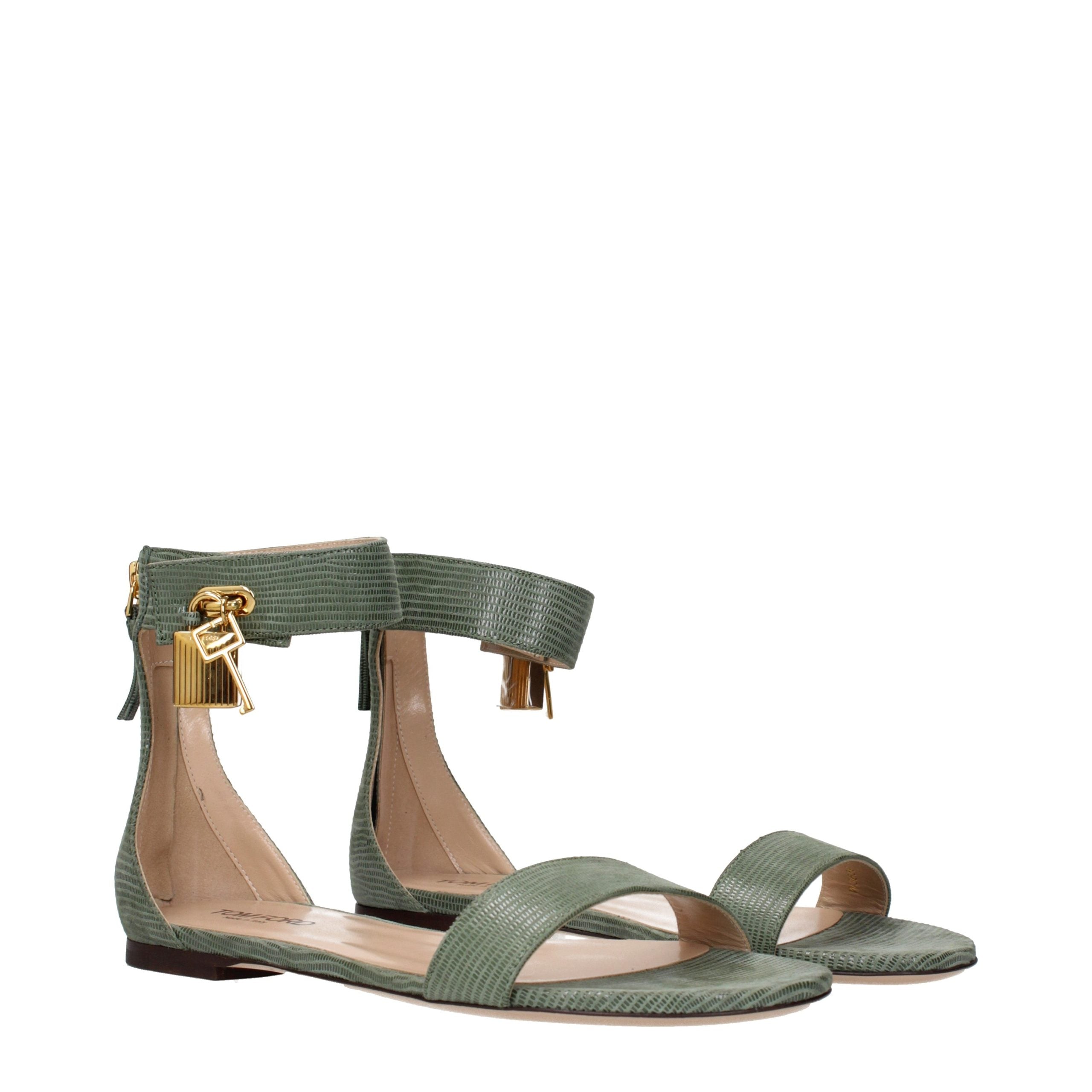 Tom Ford Grüne Ledersandalen mit flachem Absatz
