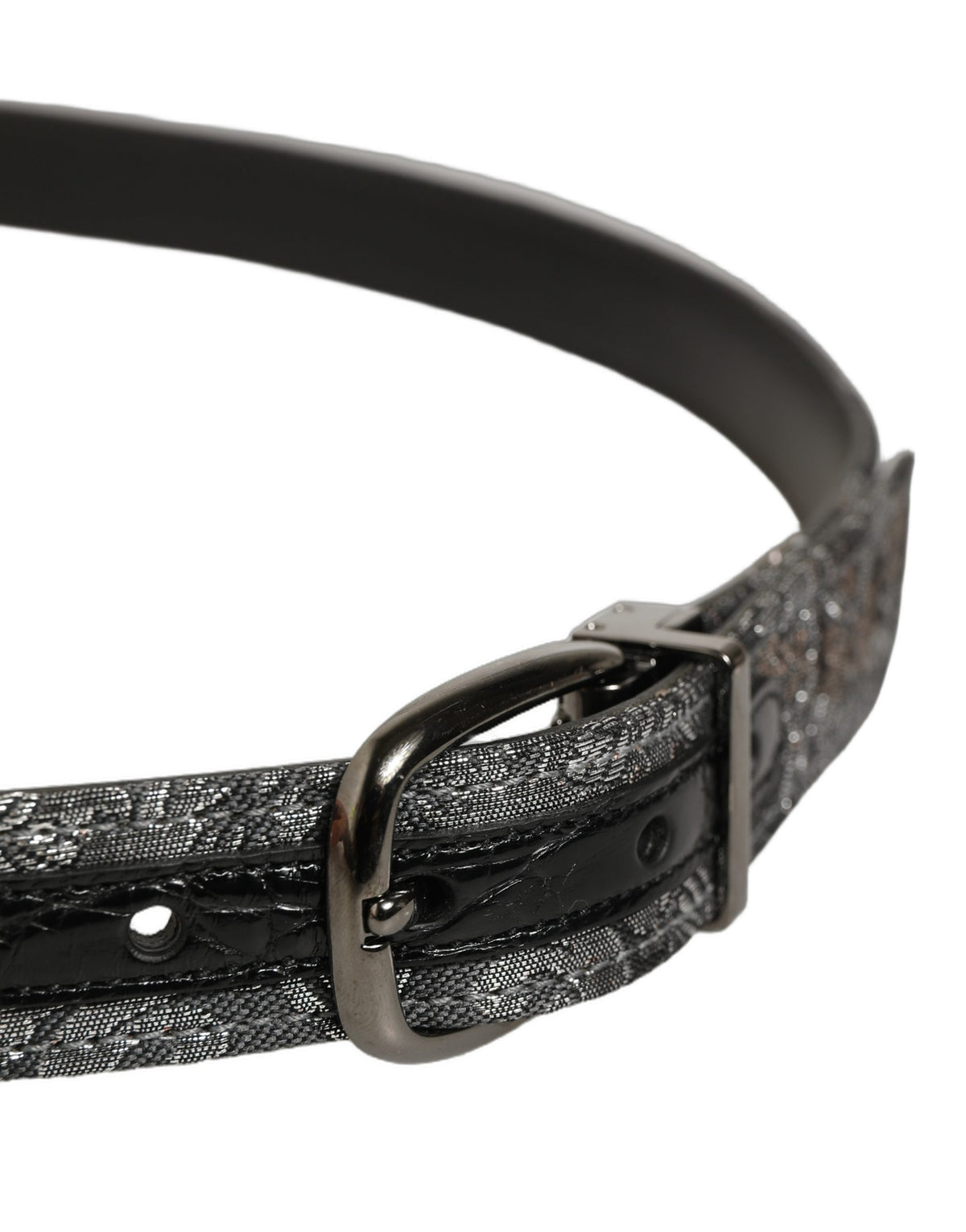 Dolce & Gabbana Gürtel aus silber-schwarzem Blumen-Jacquard mit Metallschnalle