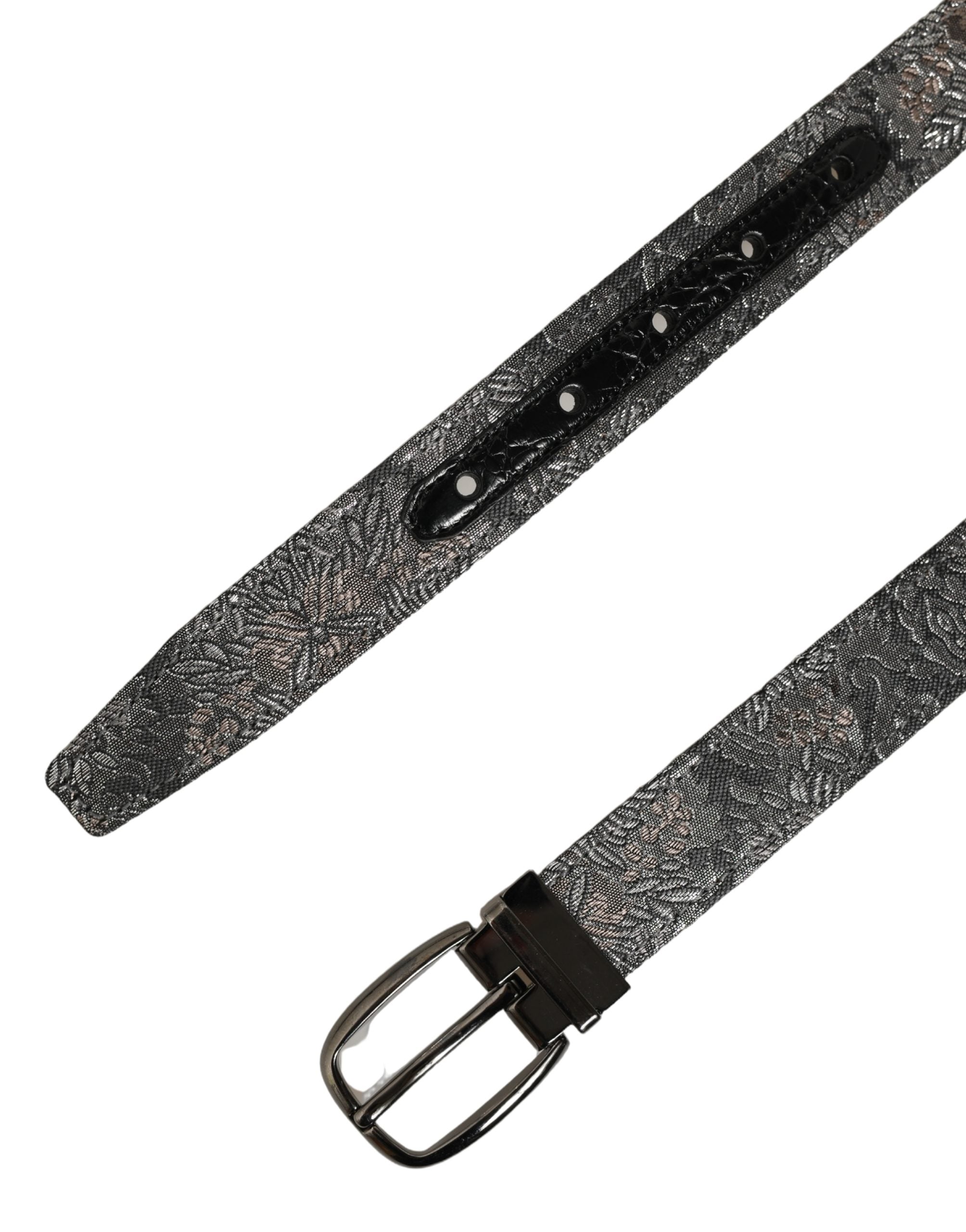 Dolce & Gabbana Gürtel aus silber-schwarzem Blumen-Jacquard mit Metallschnalle