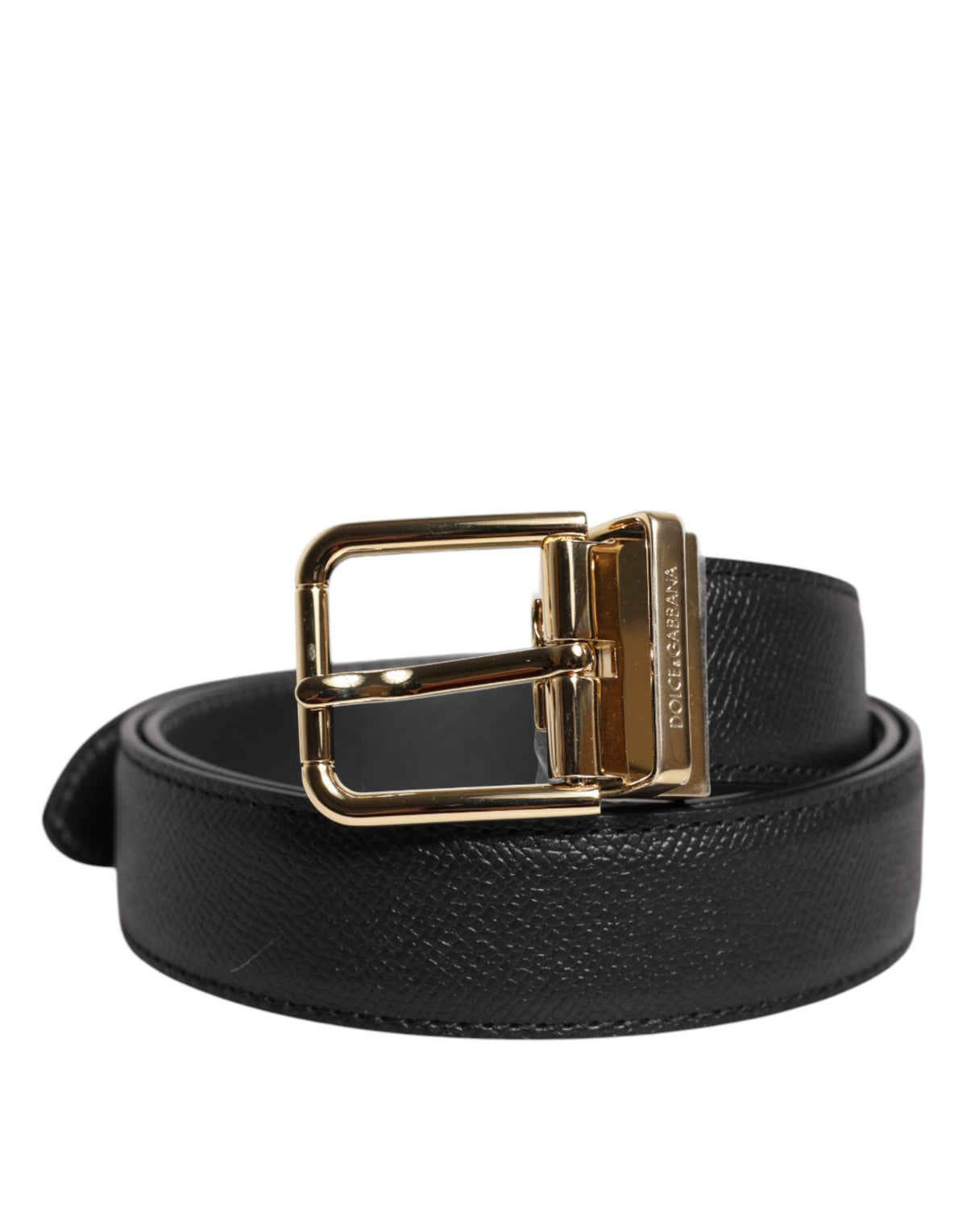 Dolce & Gabbana Schwarzer Gürtel aus genarbtem Leder mit goldfarbener Metallschnalle