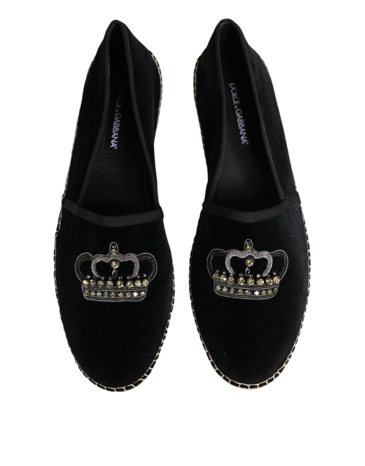Dolce & Gabbana Schwarze Espadrilles mit verzierten Kronen-Applikationen