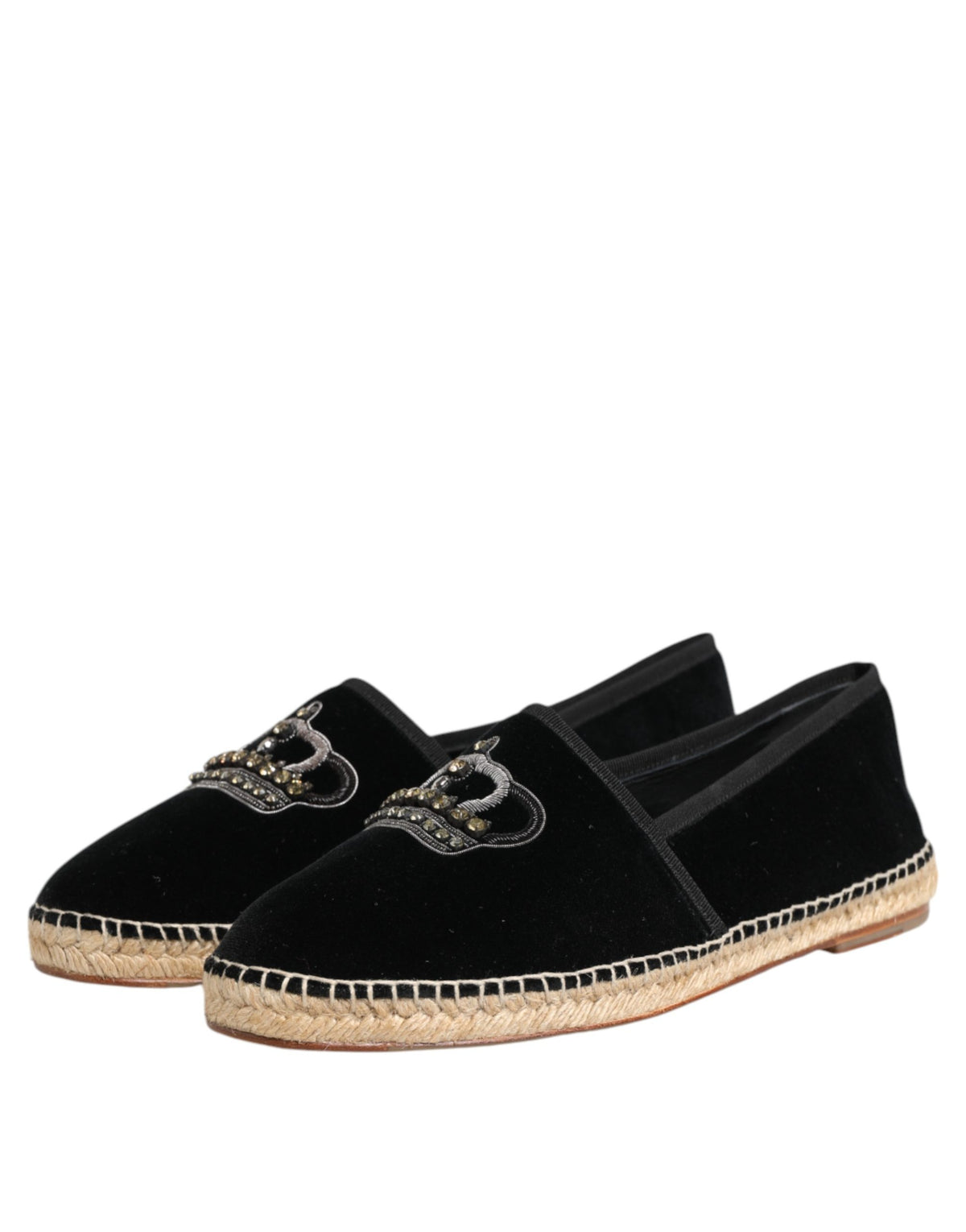 Dolce & Gabbana Schwarze Espadrilles mit verzierten Kronen-Applikationen