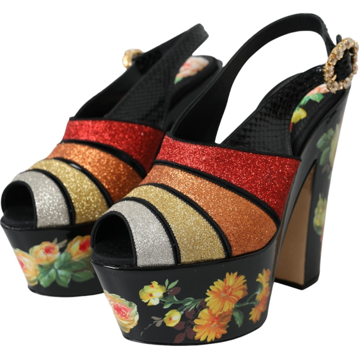Dolce & Gabbana Multicolor Floral Kristall Plateau Sandalen Schuhe