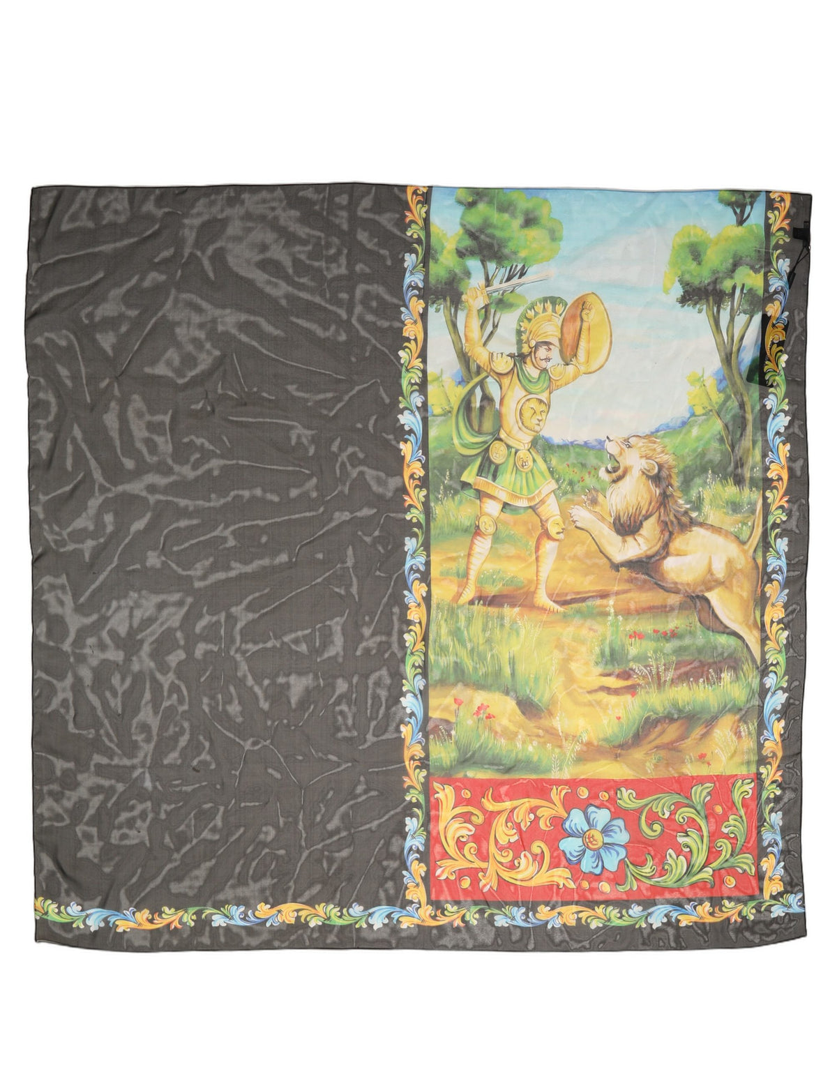 Dolce & Gabbana Dunkelgrauer Foulard-Schal aus Seide mit Landschaftsdruck