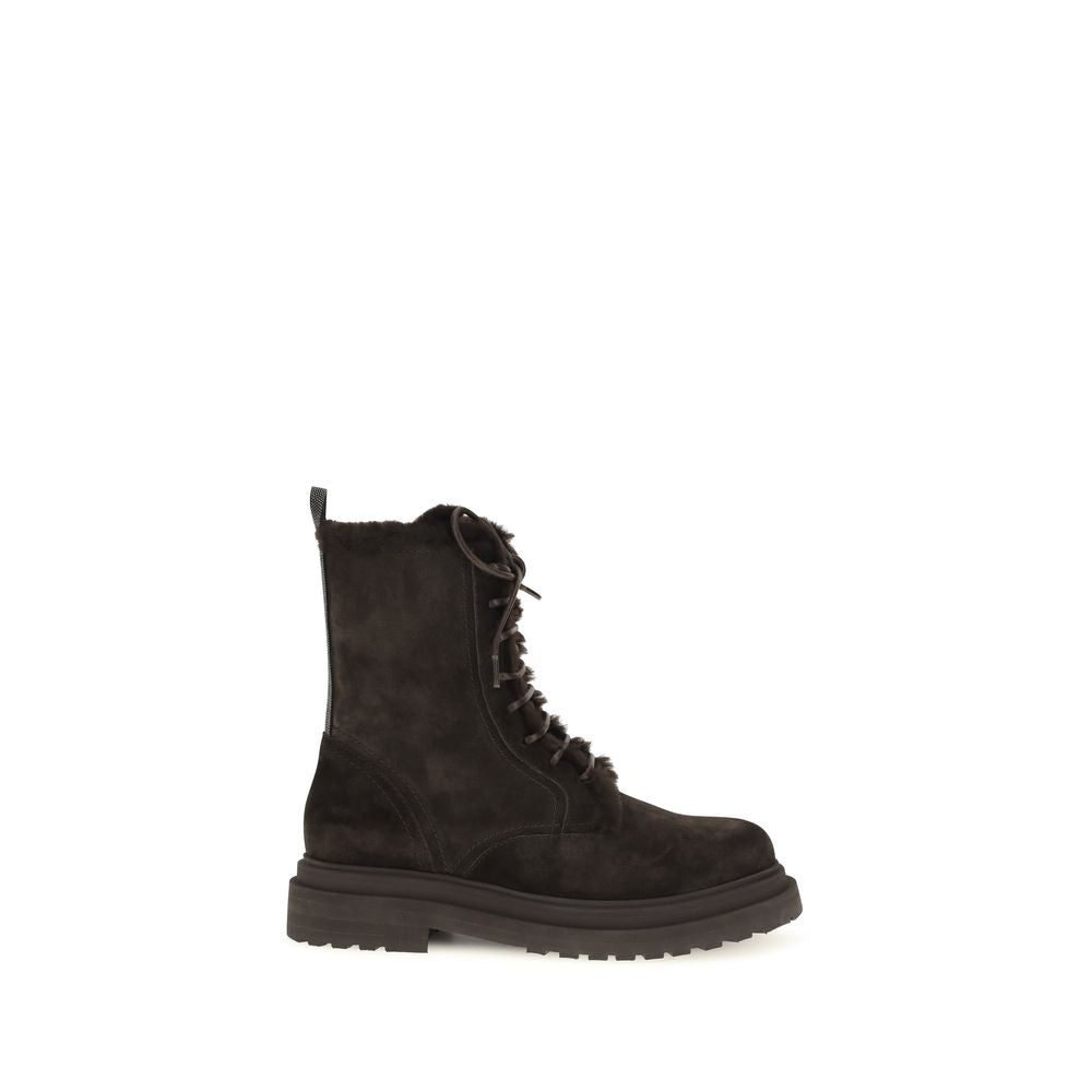Brunello Cucinelli Schwarze Schnürstiefel aus Kalbsleder Bos Taurus
