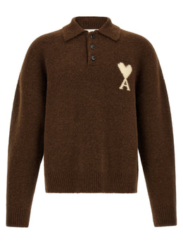 Ami Paris Braunes Alpaka-Leder-Poloshirt