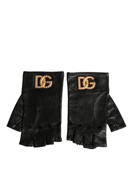 Dolce & Gabbana Schwarze bestickte fingerlose Handschuhe in Handgelenklänge