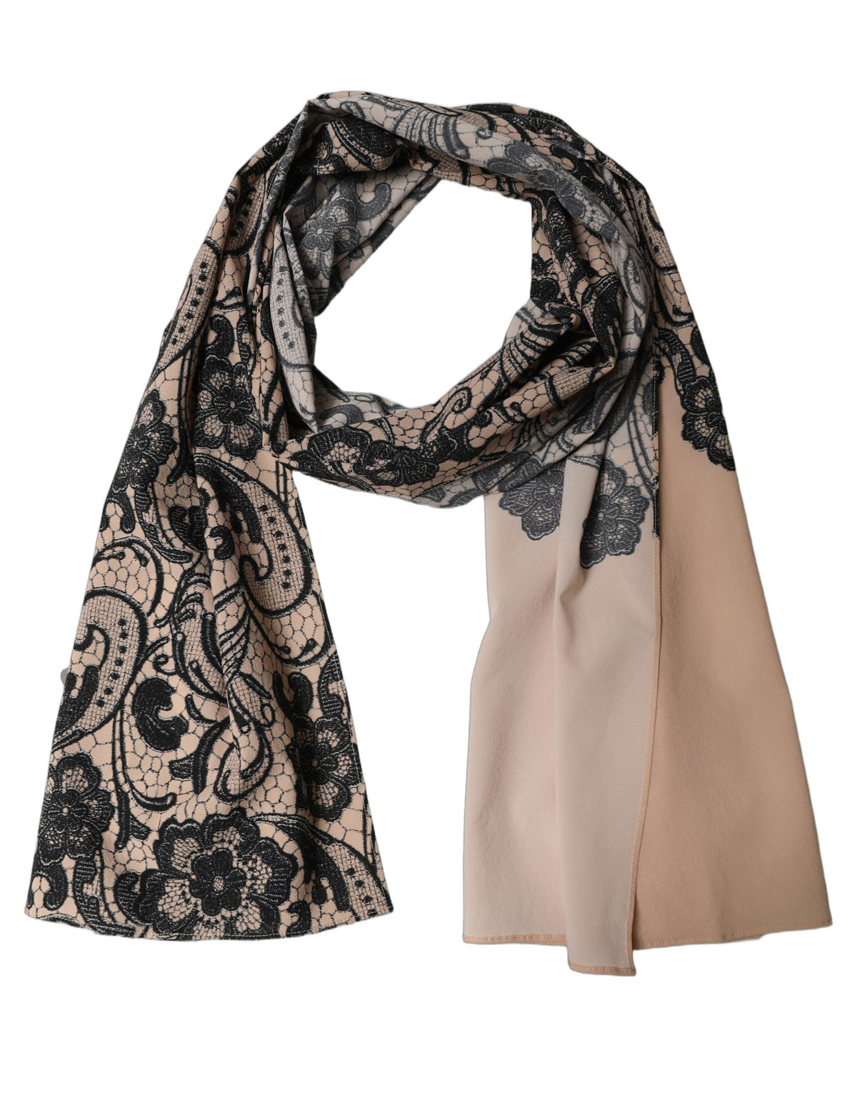Dolce & Gabbana Schwarzer Seidenschal mit beigem Blumen-Spitzenmuster