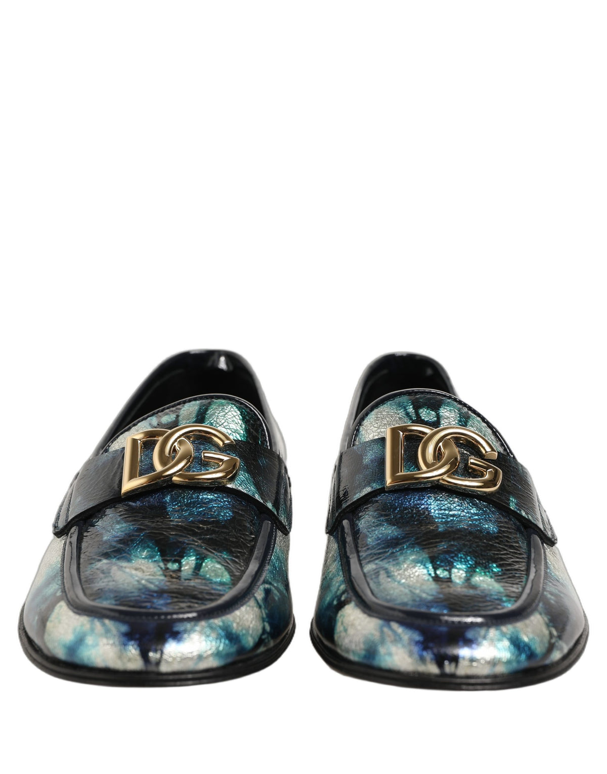 Dolce & Gabbana Metallic Blue Silver Leder DG Loafers Schuhe