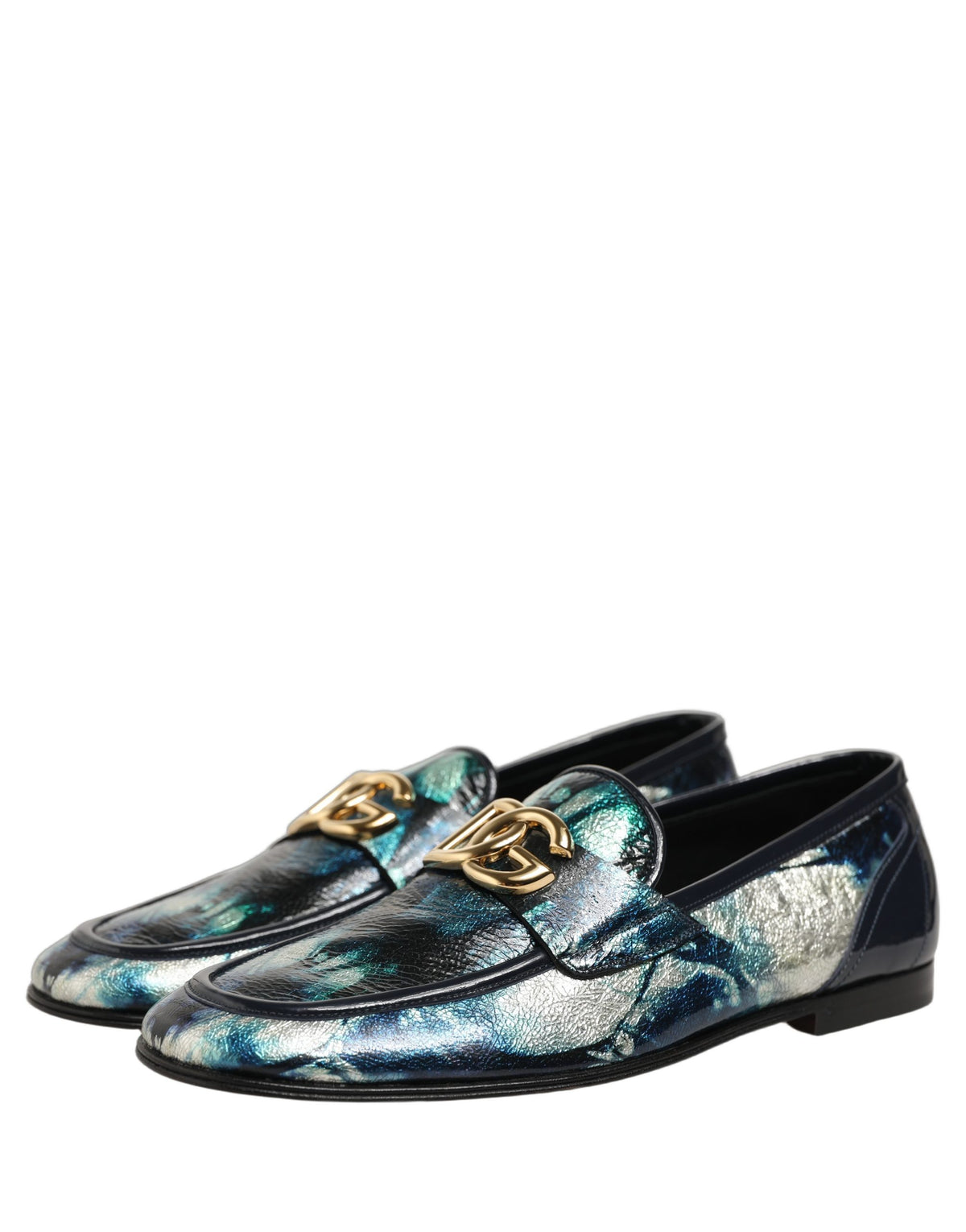 Dolce & Gabbana Metallic Blue Silver Leder DG Loafers Schuhe