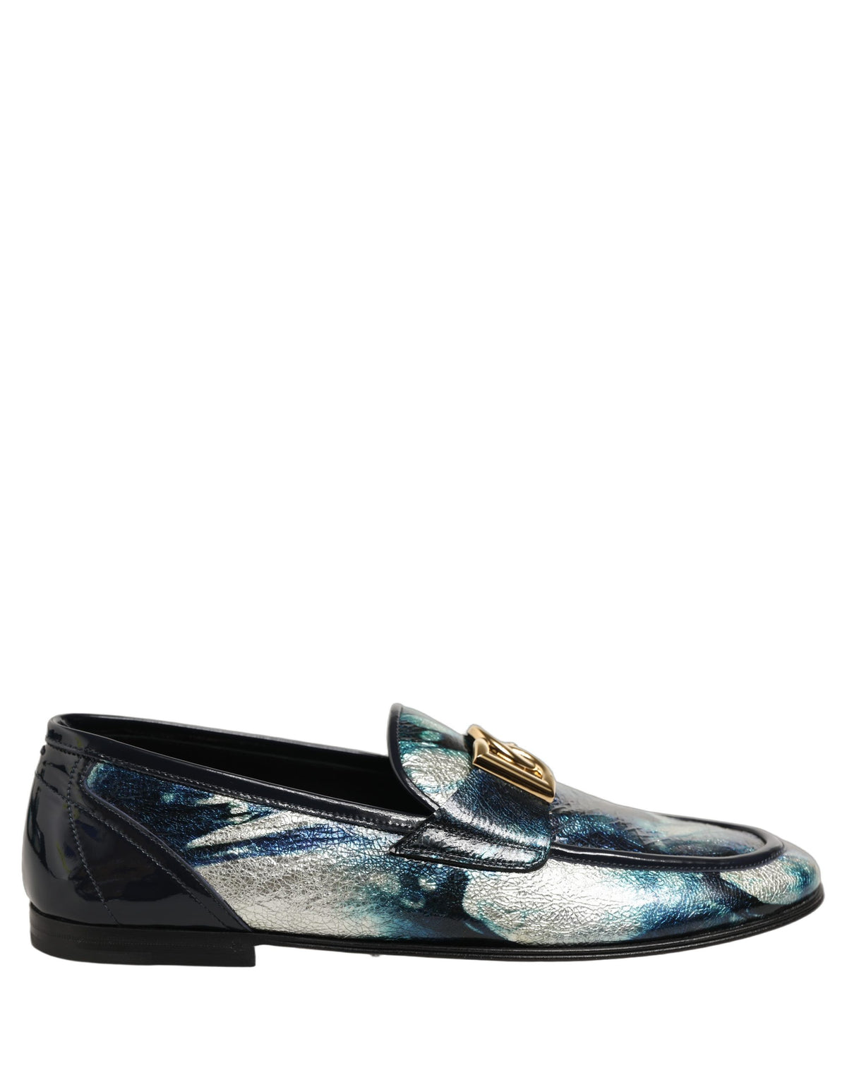 Dolce & Gabbana Metallic Blue Silver Leder DG Loafers Schuhe